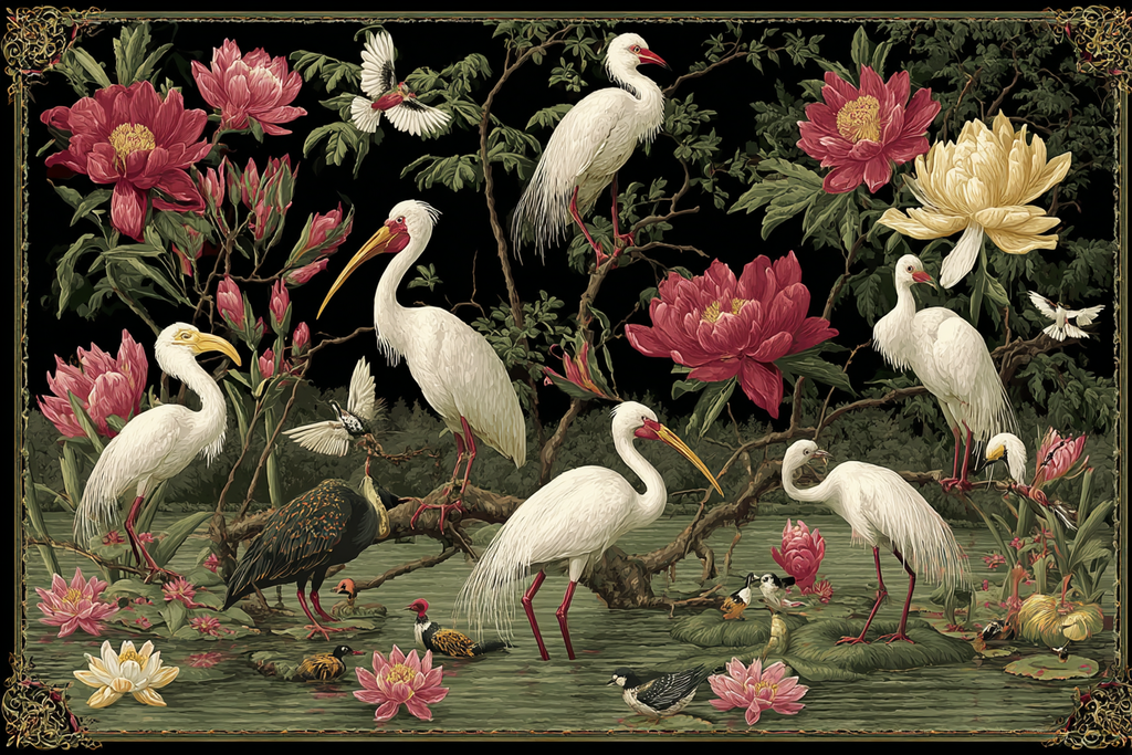 Vogelillustration Mit Lotus Und Paeonien In Landschaft | Klassisch | Einrichtungsstile