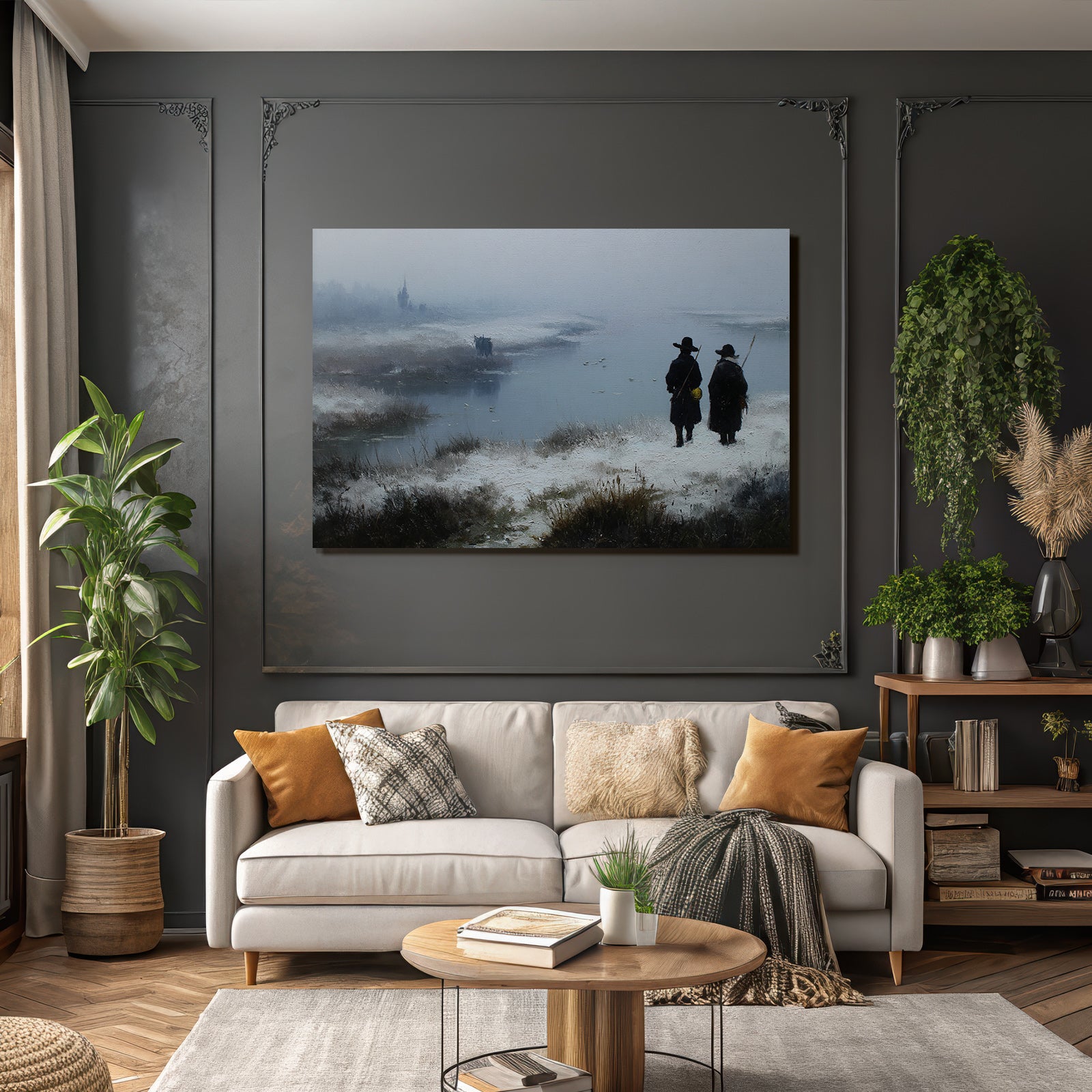 Winterszene Mit Freigaengern Im Nebel