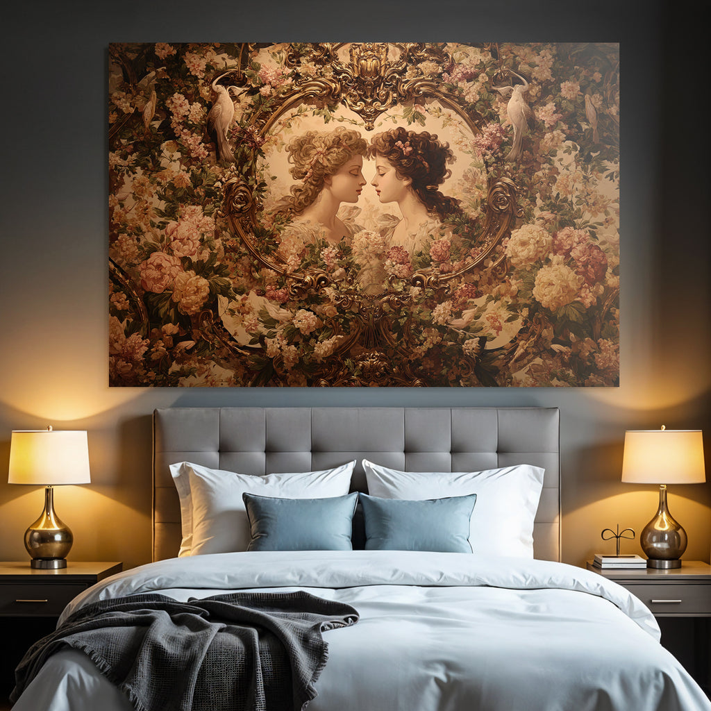 Zwei Frauen Umgeben Von Blumen Und Voegeln Kunstvolles Arrangement