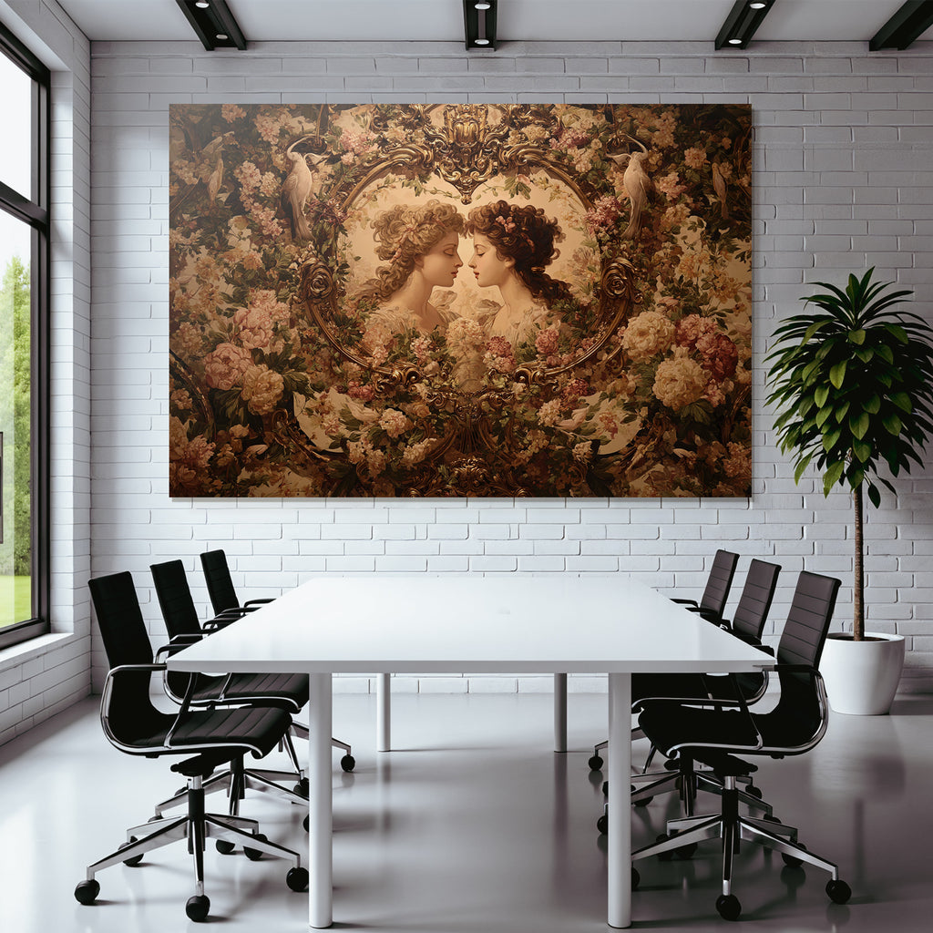 Zwei Frauen Umgeben Von Blumen Und Voegeln Kunstvolles Arrangement