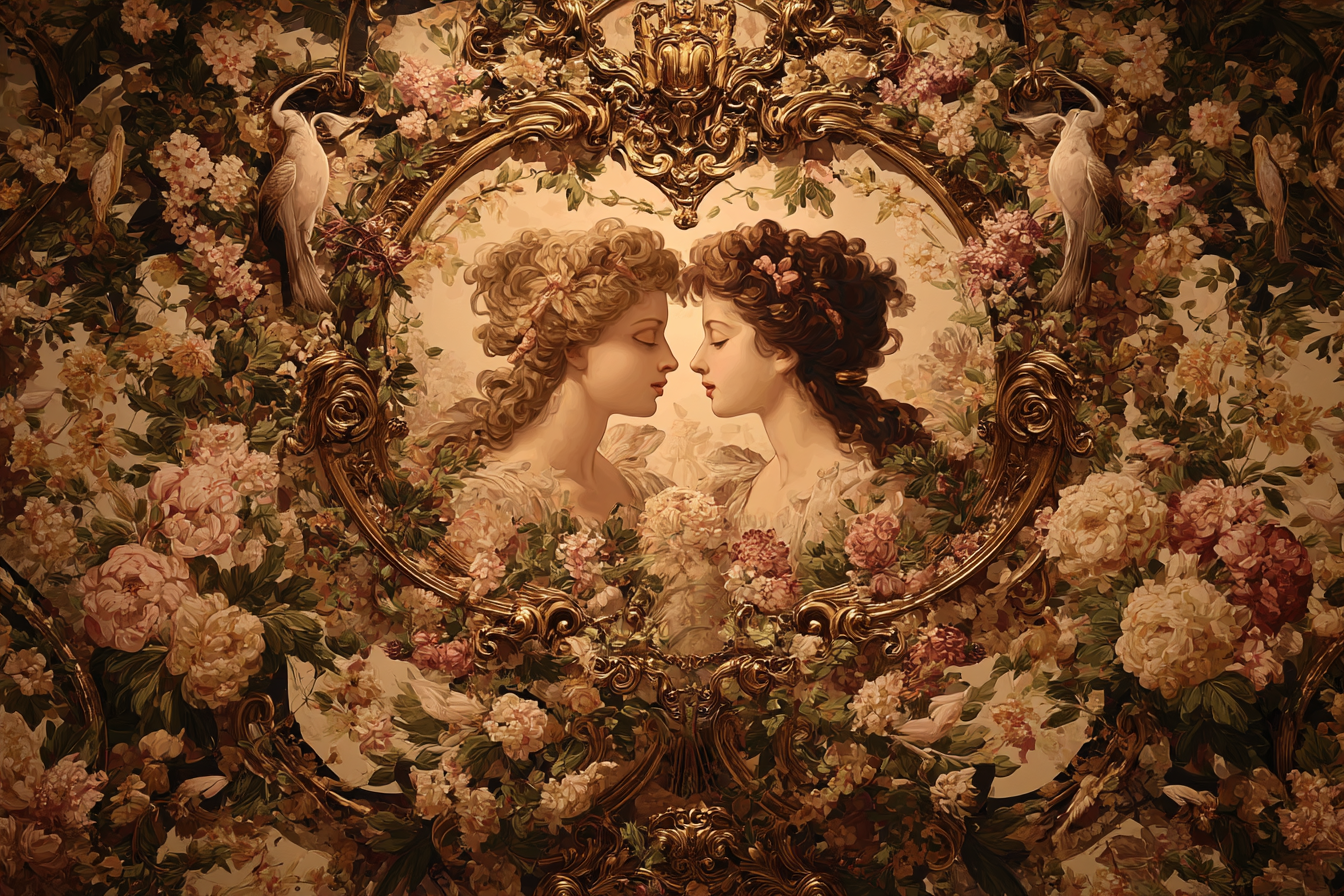 Zwei Frauen Umgeben Von Blumen Und Voegeln Kunstvolles Arrangement | Klassisch | Einrichtungsstile