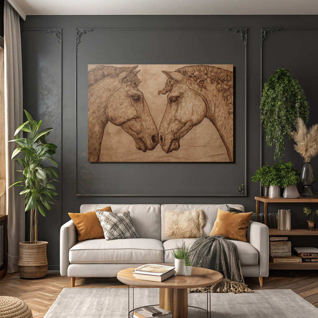 Zwei Pferde Im Gesicht Zueinander Kunstwerk Stilisierte Illustration