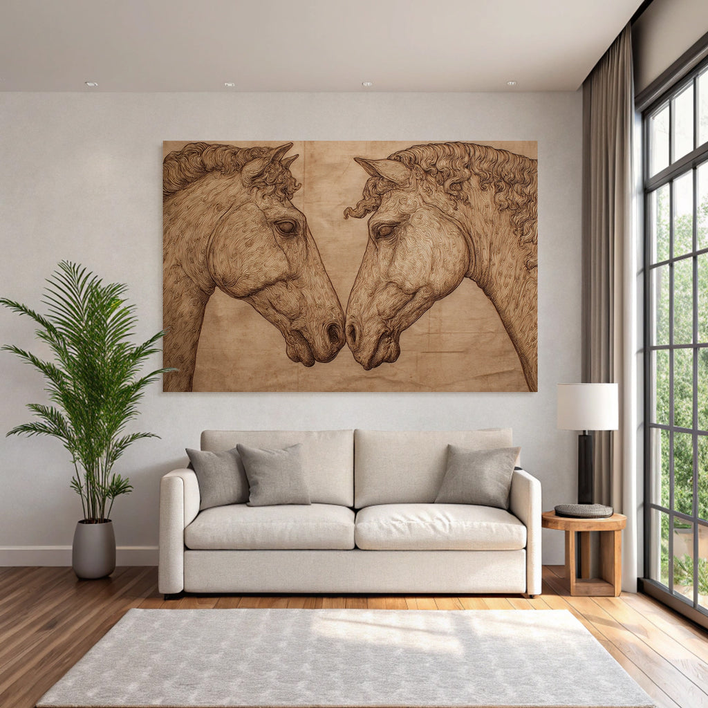 Zwei Pferde Im Gesicht Zueinander Kunstwerk Stilisierte Illustration