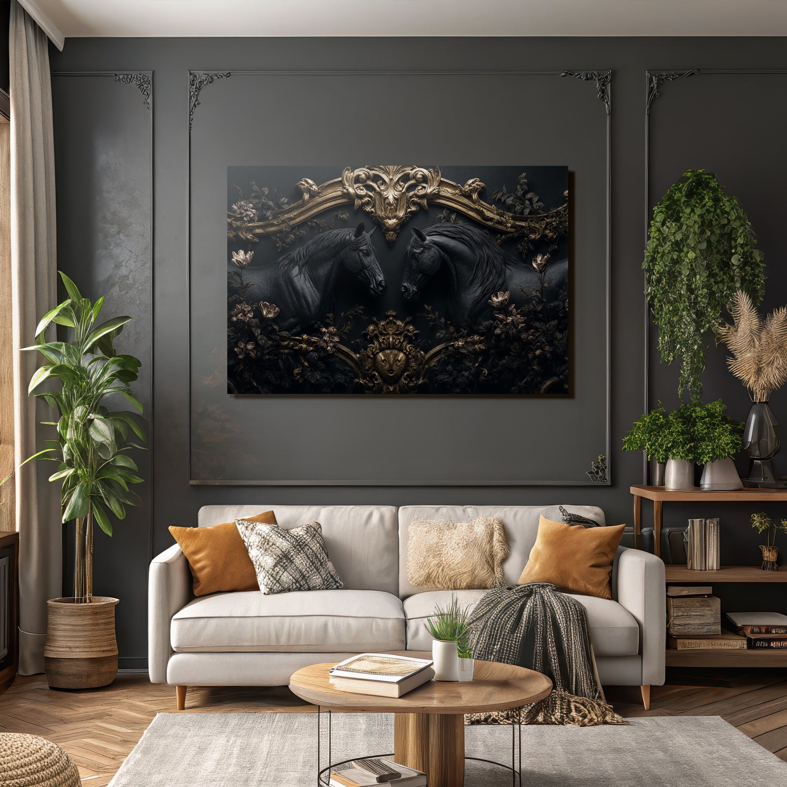 Zwei Schwarze Pferde Mit Blumen Und Goldenem Rahmen