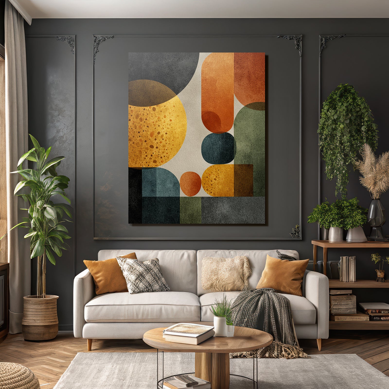 Mid Modern Century Abstract Design Geometrische Formen Bunt Texturiert