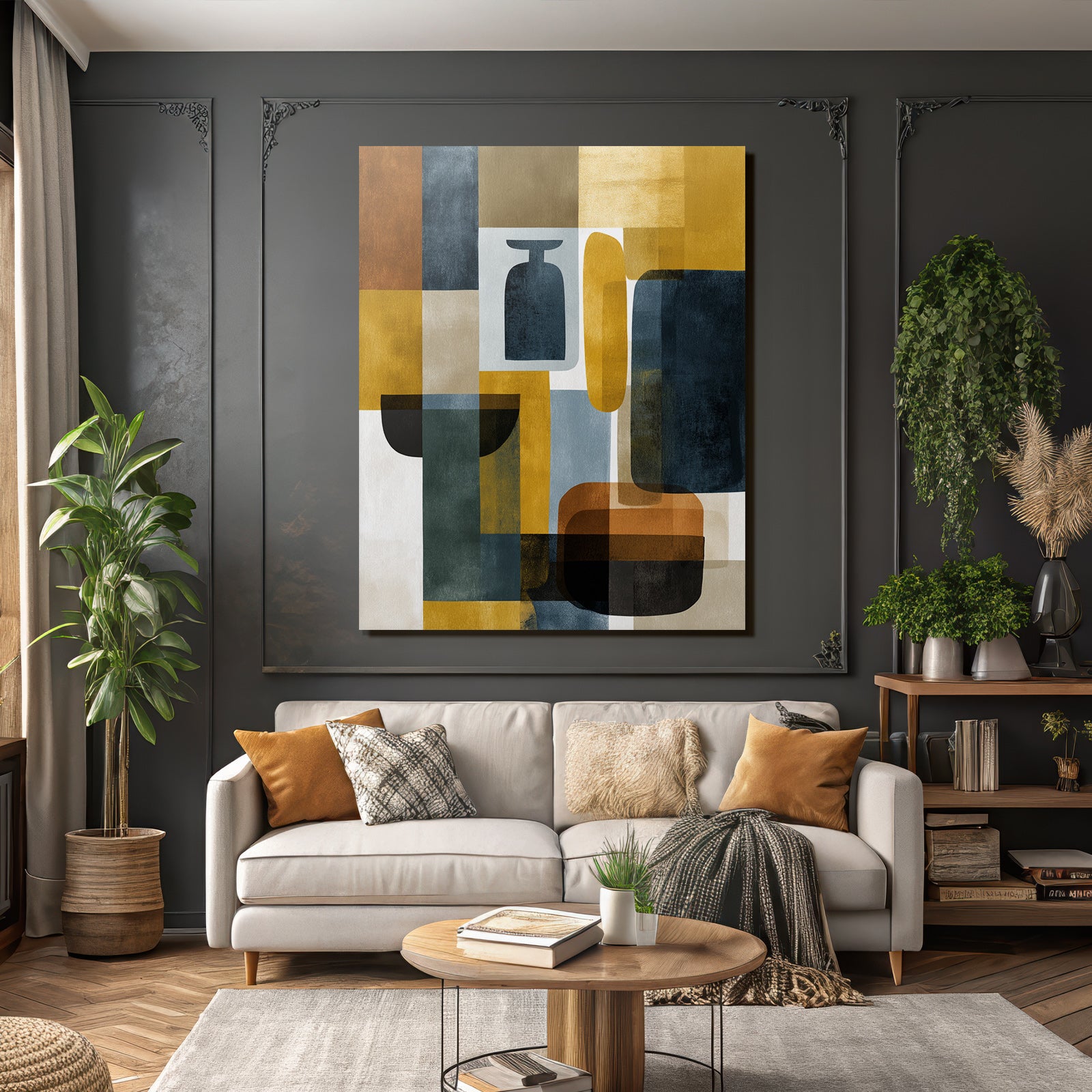 Mid Modern Century Geometrische Formen Farbenmischung Yellow Blue Black Brown