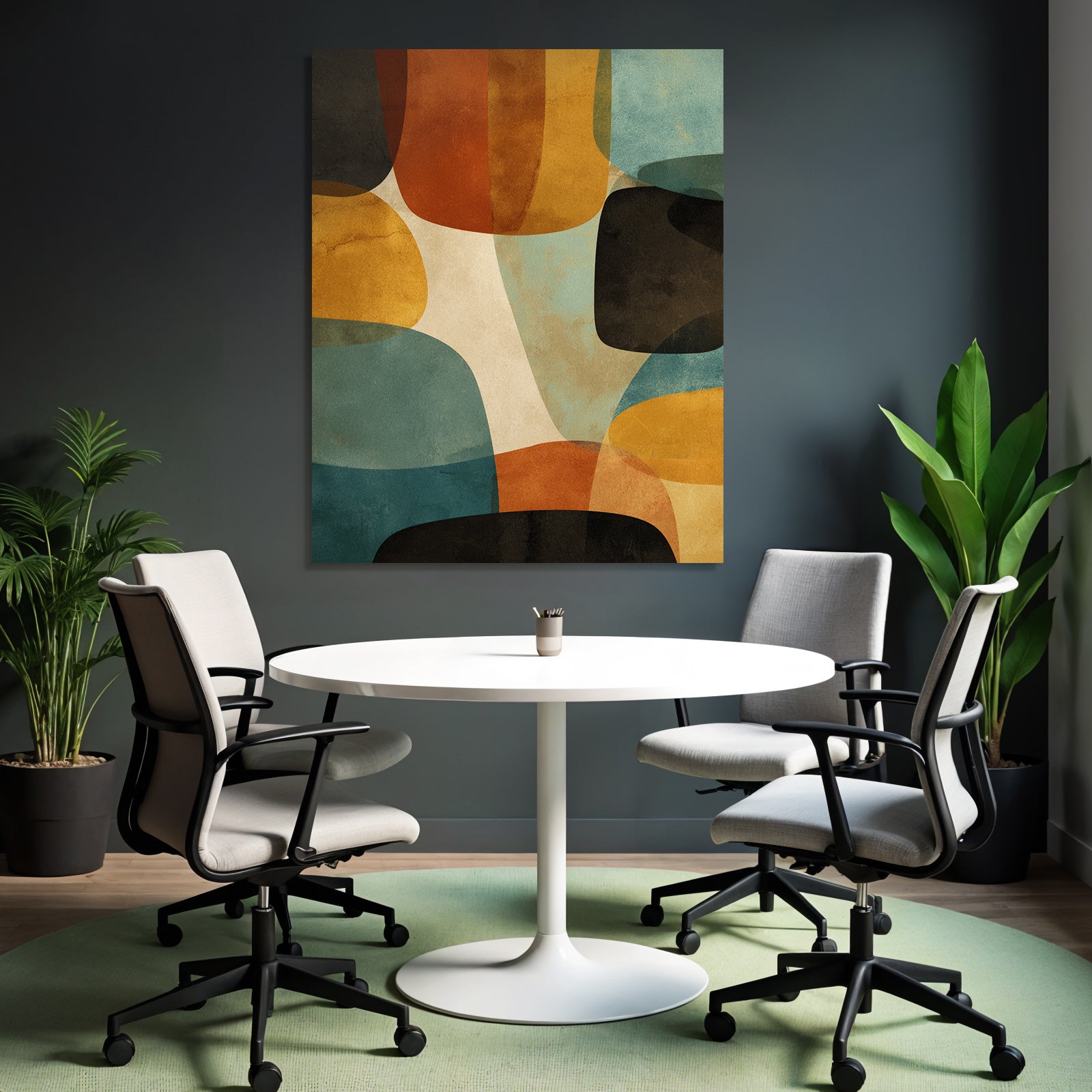 Abstractes Kunstwerk Ueberlappende Formen Farben Braun Orange Blau Creme