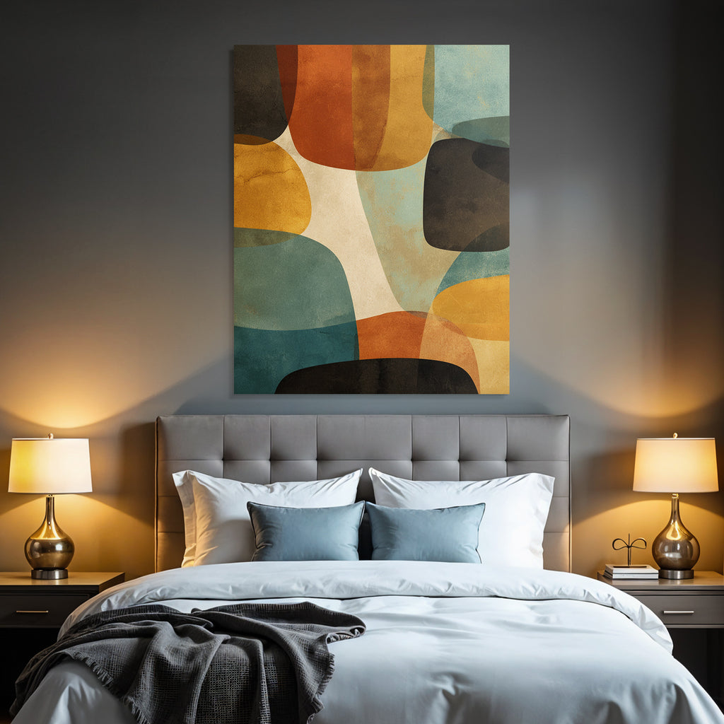 Abstractes Kunstwerk Ueberlappende Formen Farben Braun Orange Blau Creme