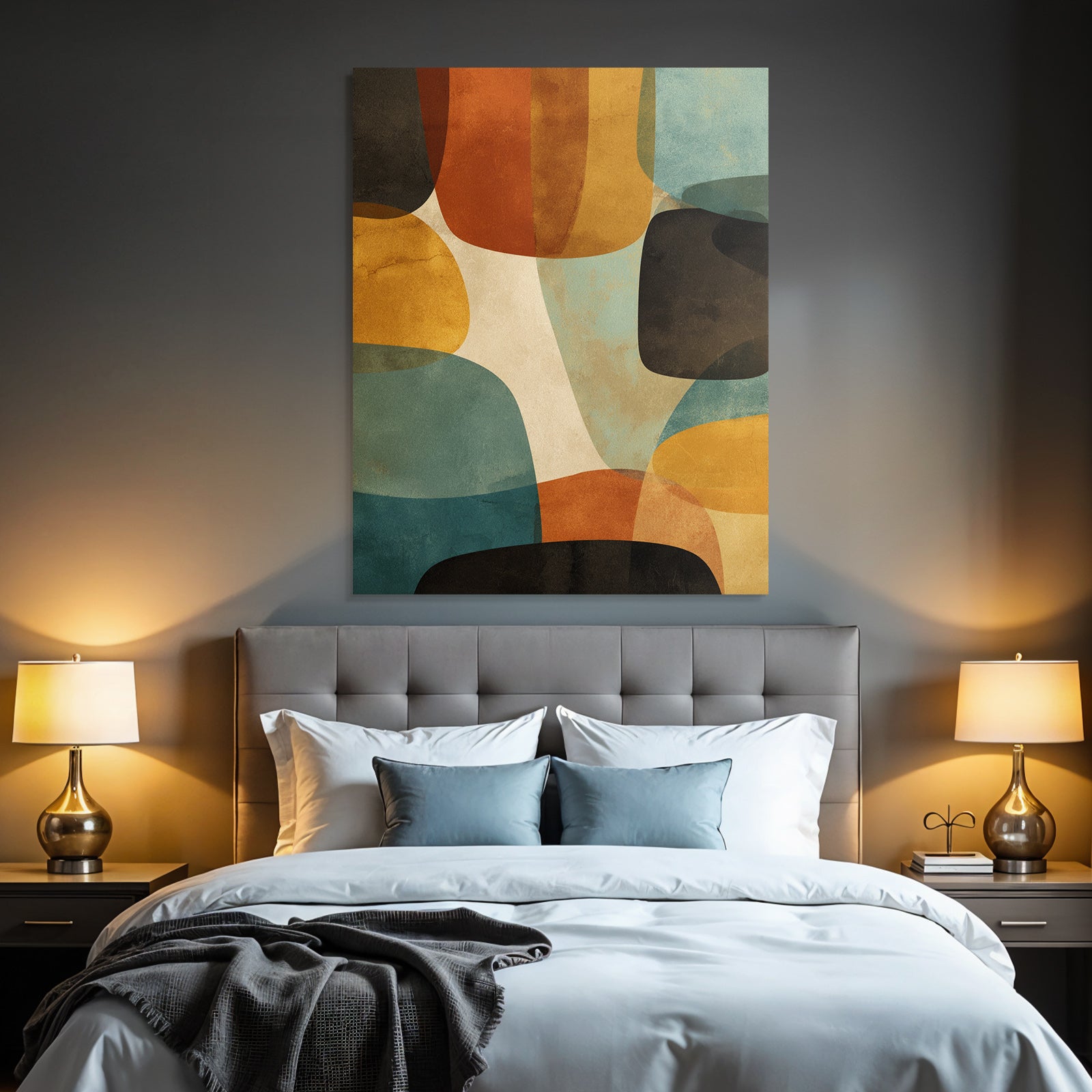 Abstractes Kunstwerk Ueberlappende Formen Farben Braun Orange Blau Creme