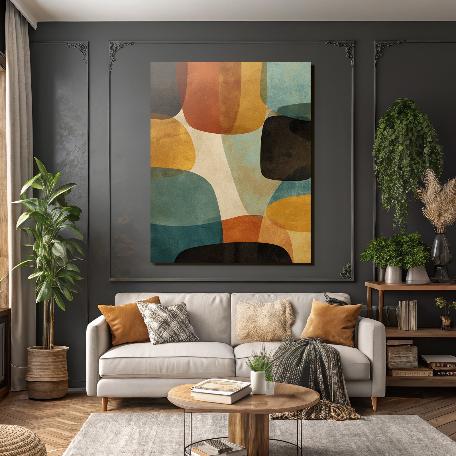Abstractes Kunstwerk Ueberlappende Formen Farben Braun Orange Blau Creme