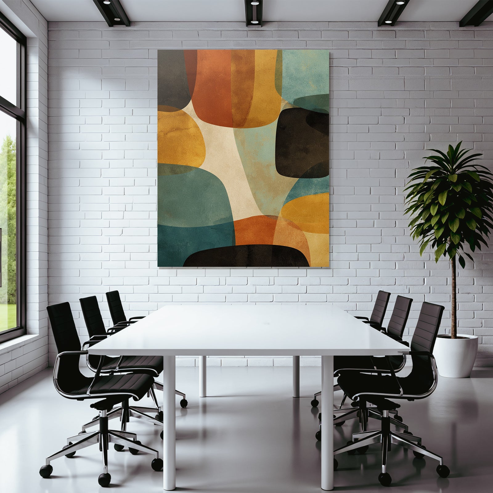 Abstractes Kunstwerk Ueberlappende Formen Farben Braun Orange Blau Creme