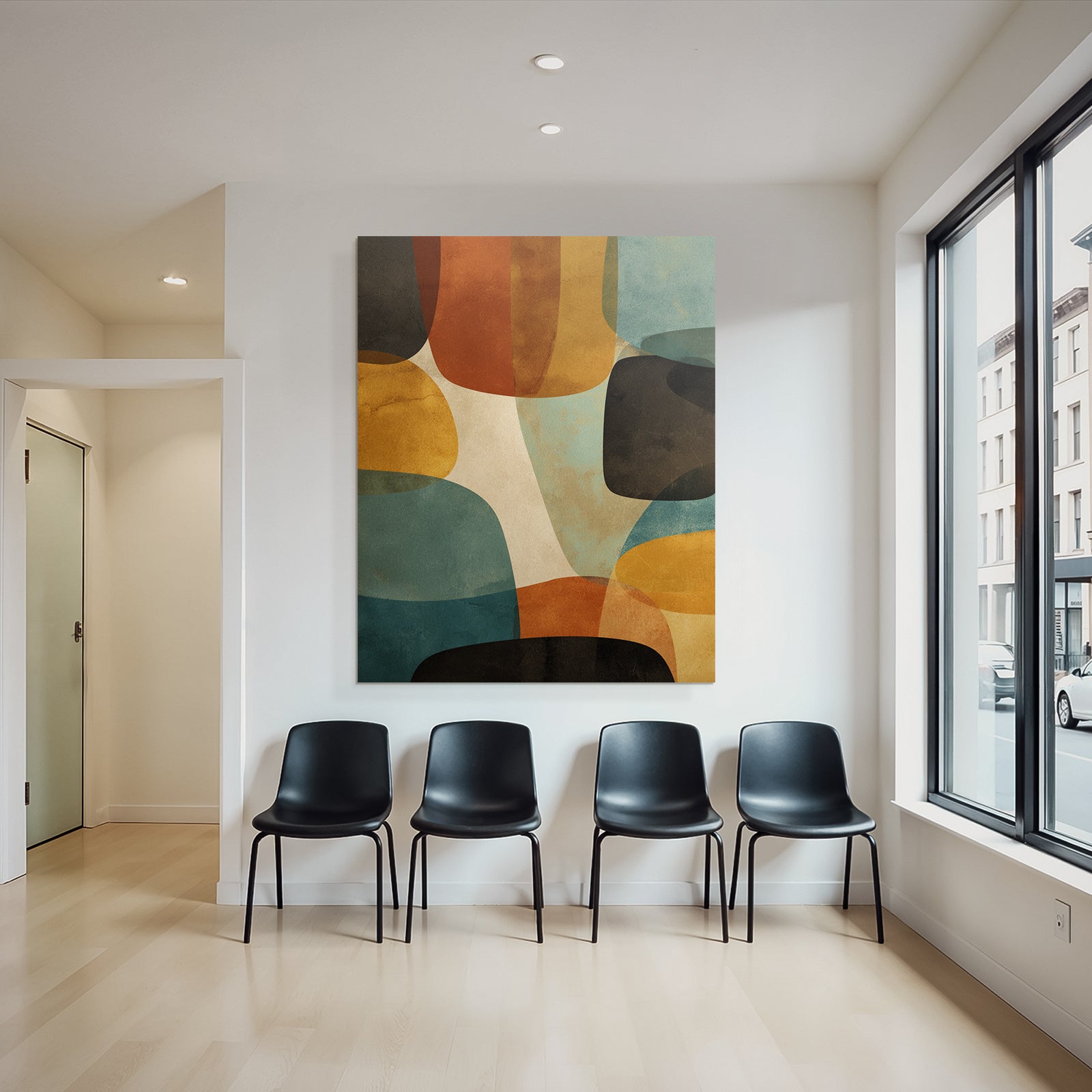 Abstractes Kunstwerk Ueberlappende Formen Farben Braun Orange Blau Creme