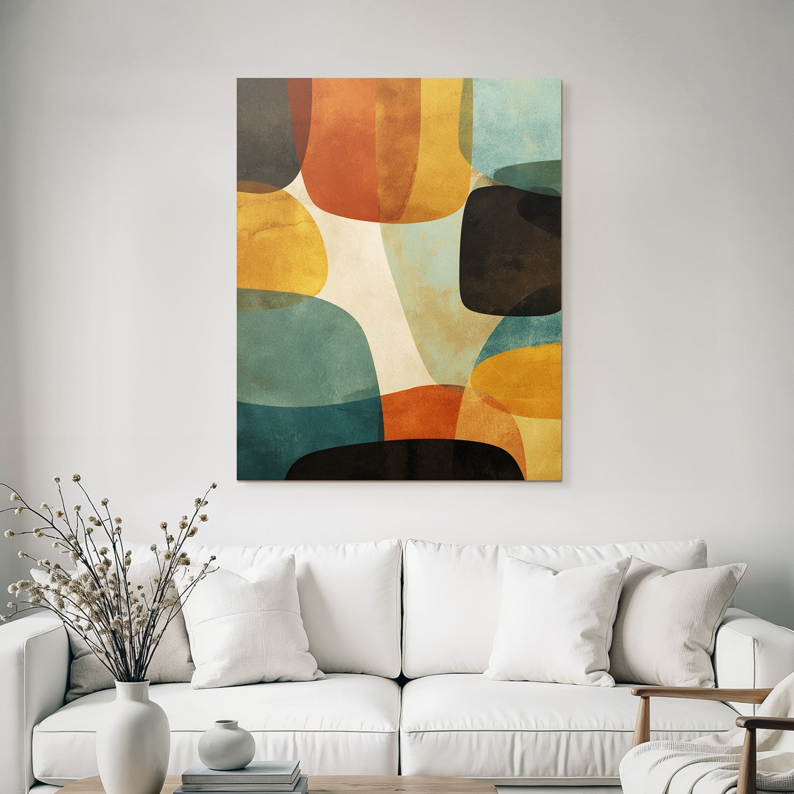 Abstractes Kunstwerk Ueberlappende Formen Farben Braun Orange Blau Creme