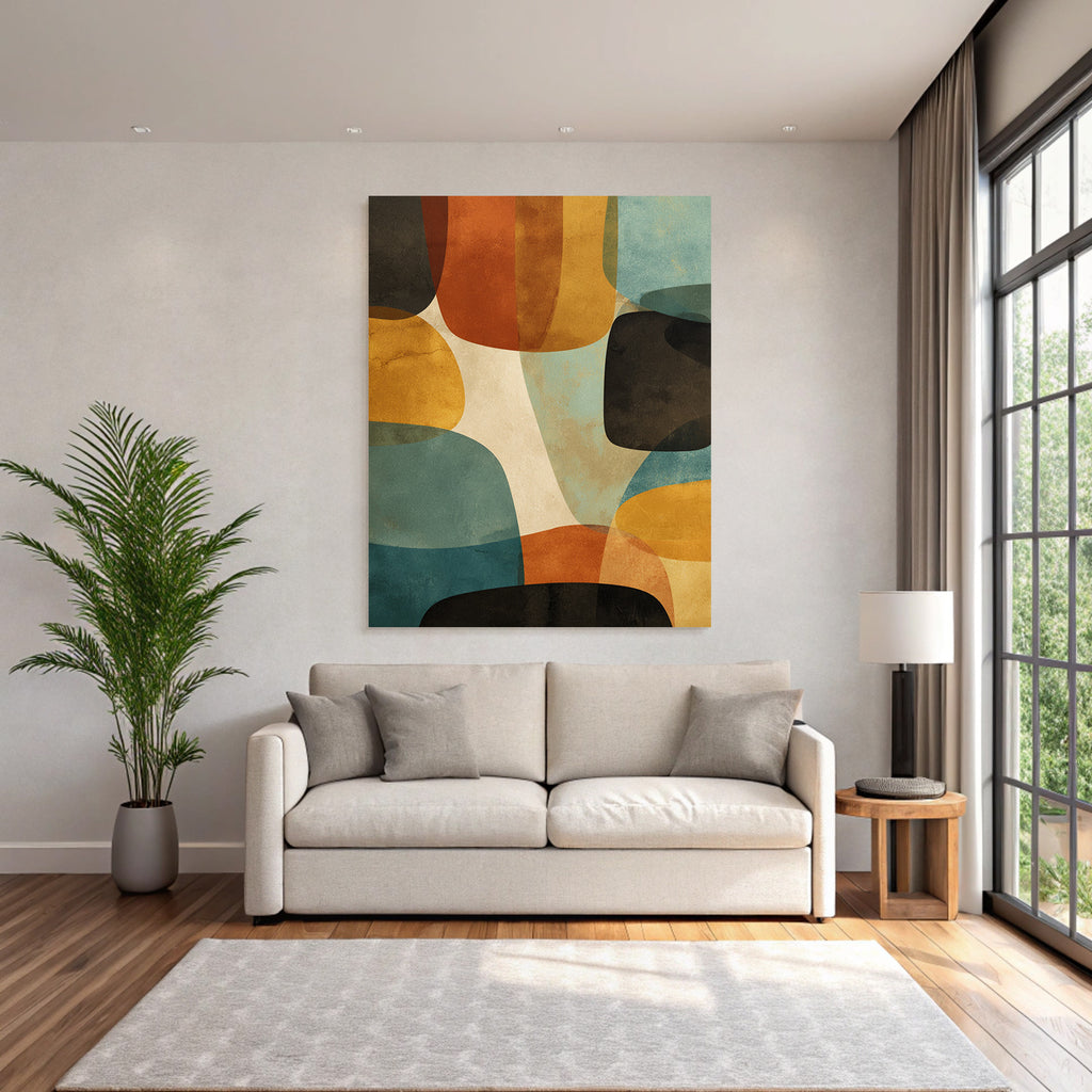 Abstractes Kunstwerk Ueberlappende Formen Farben Braun Orange Blau Creme