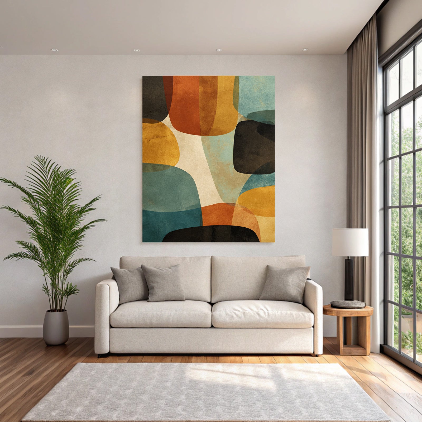 Abstractes Kunstwerk Ueberlappende Formen Farben Braun Orange Blau Creme