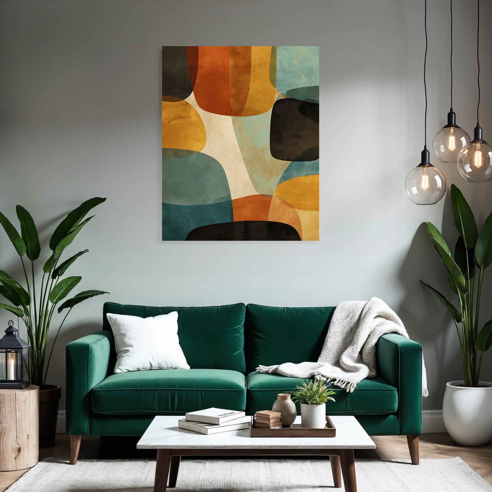 Abstractes Kunstwerk Ueberlappende Formen Farben Braun Orange Blau Creme