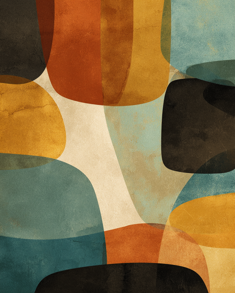 Abstractes Kunstwerk Ueberlappende Formen Farben Braun Orange Blau Creme | Mid Century Modern | Einrichtungsstile