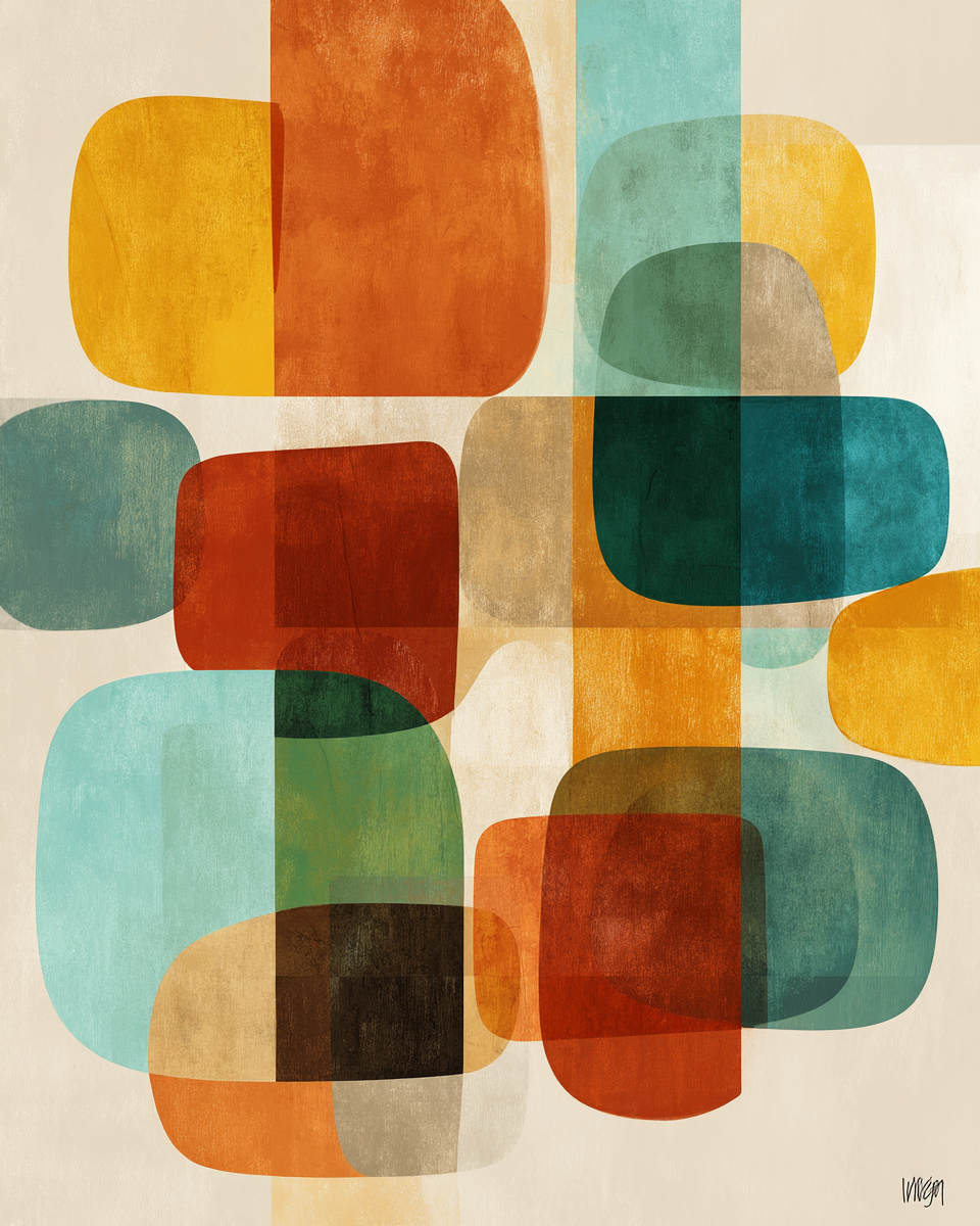 Abstrakte Digitale Kunst Farbige Formen Ueberlappend Orange Teal Braun Beige | Mid Century Modern | Einrichtungsstile