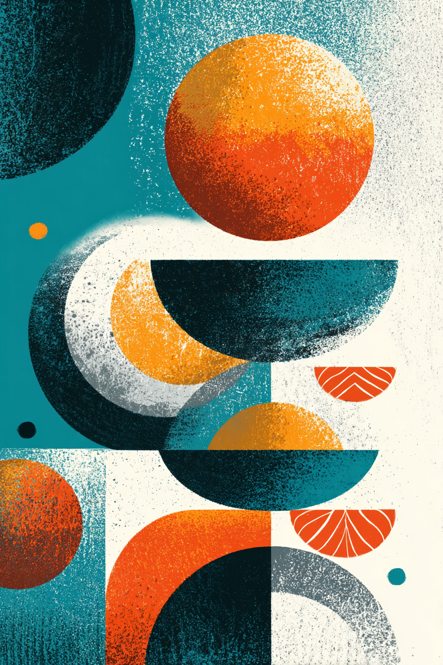 Abstrakte Illustration Geometrische Formen Leuchtende Farben Kreise Halbkreise Textur | Mid Century Modern | Einrichtungsstile