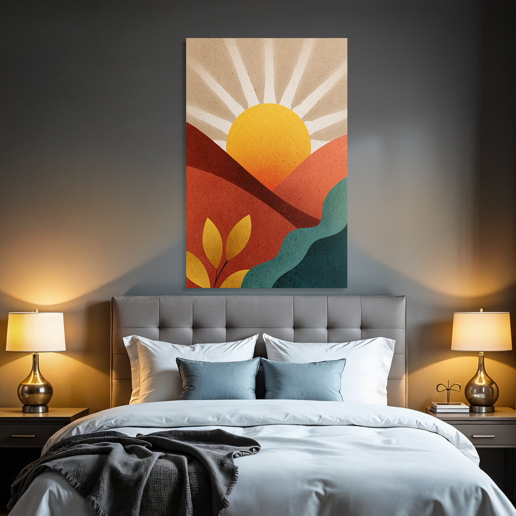 Abstrakte Illustration Sonne Aufgeht Ueber Huegel Mit Laub