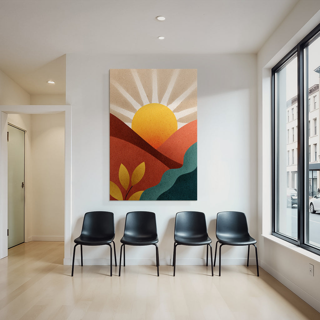 Abstrakte Illustration Sonne Aufgeht Ueber Huegel Mit Laub