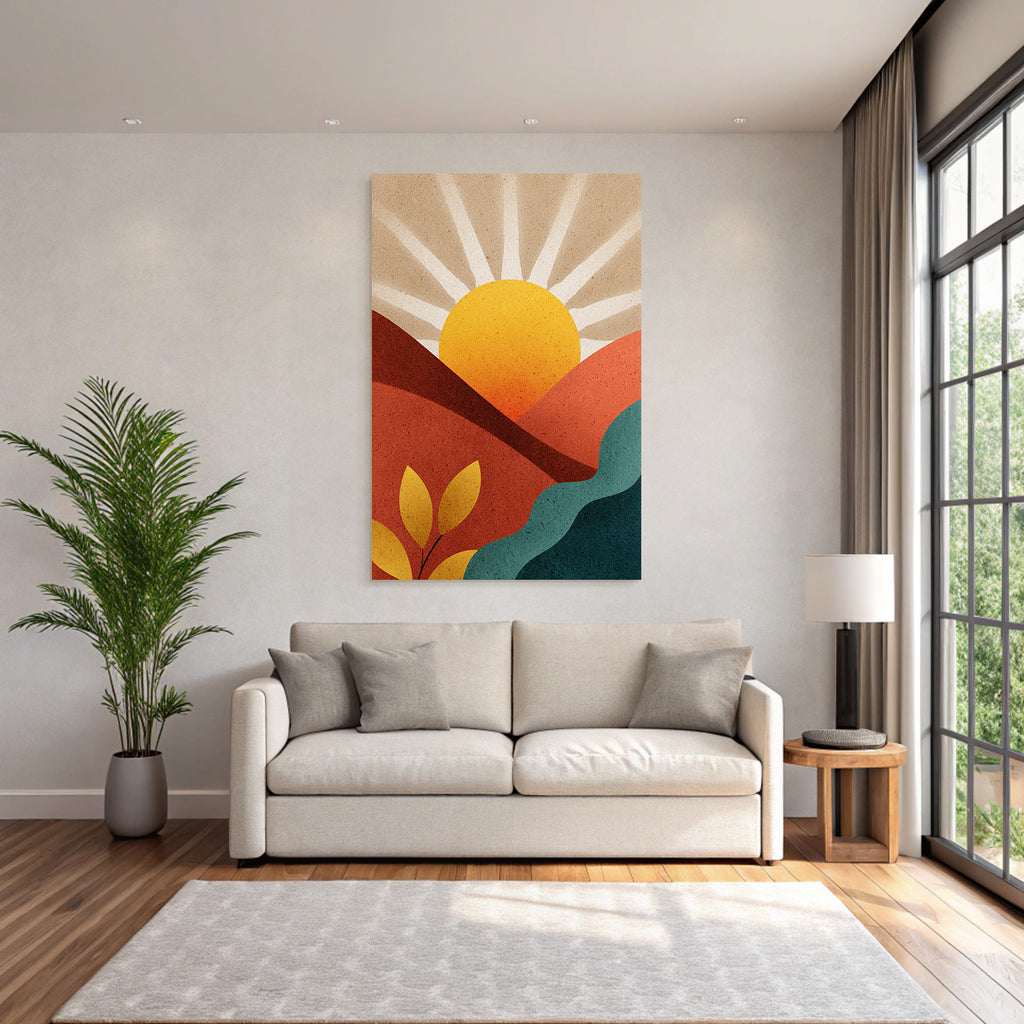 Abstrakte Illustration Sonne Aufgeht Ueber Huegel Mit Laub