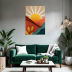 Abstrakte Illustration Sonne Aufgeht Ueber Huegel Mit Laub
