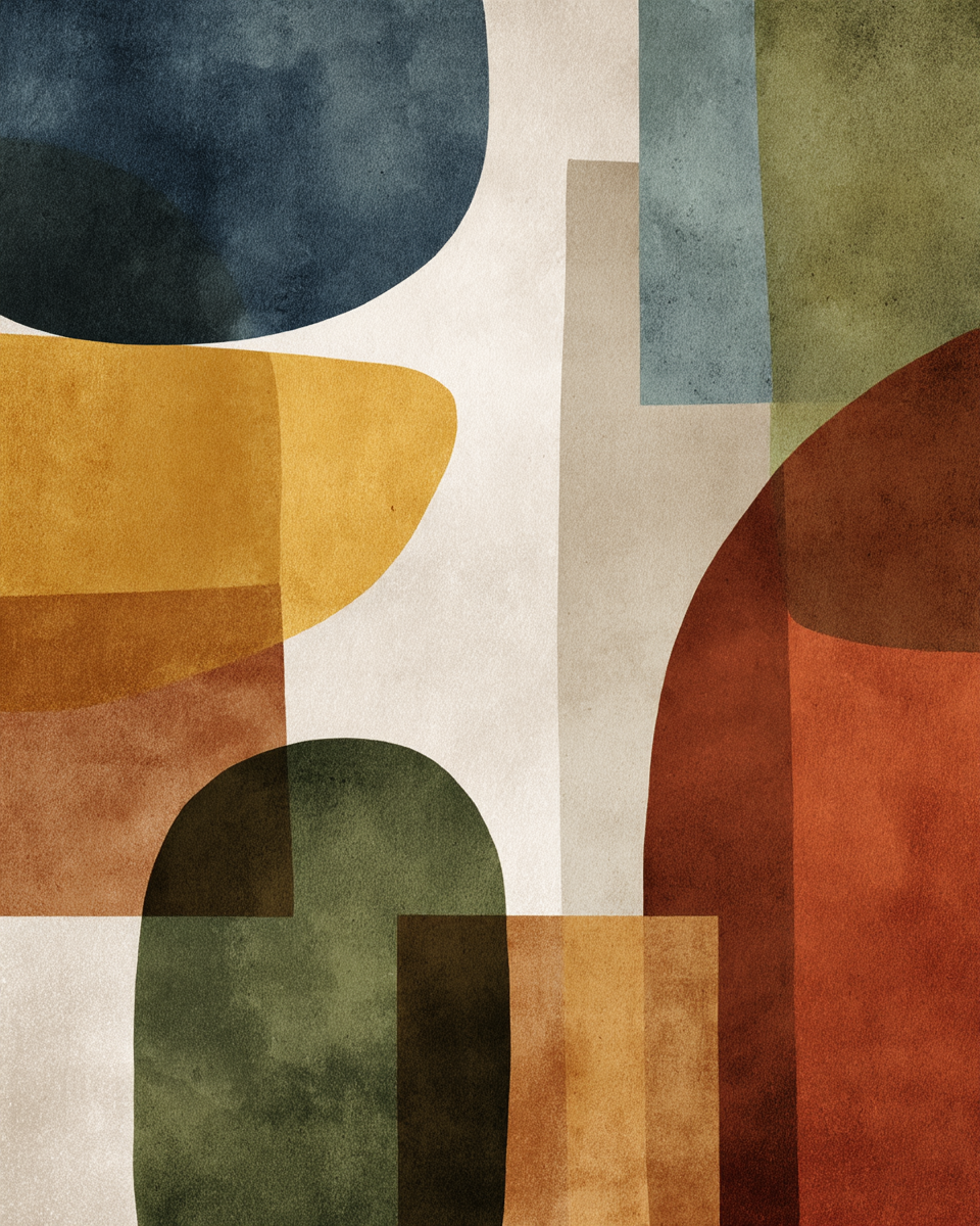Abstrakte Kunst Geometrische Formen Blaue Orange Gruene Braune Farben | Mid Century Modern | Einrichtungsstile