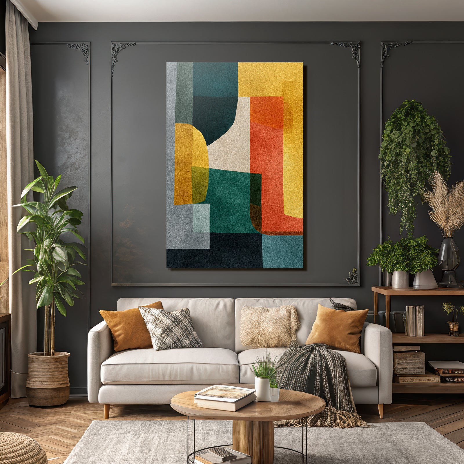 Abstrakte Kunst Verschiedene Formen Farben Gruen Gelb Orange Grau