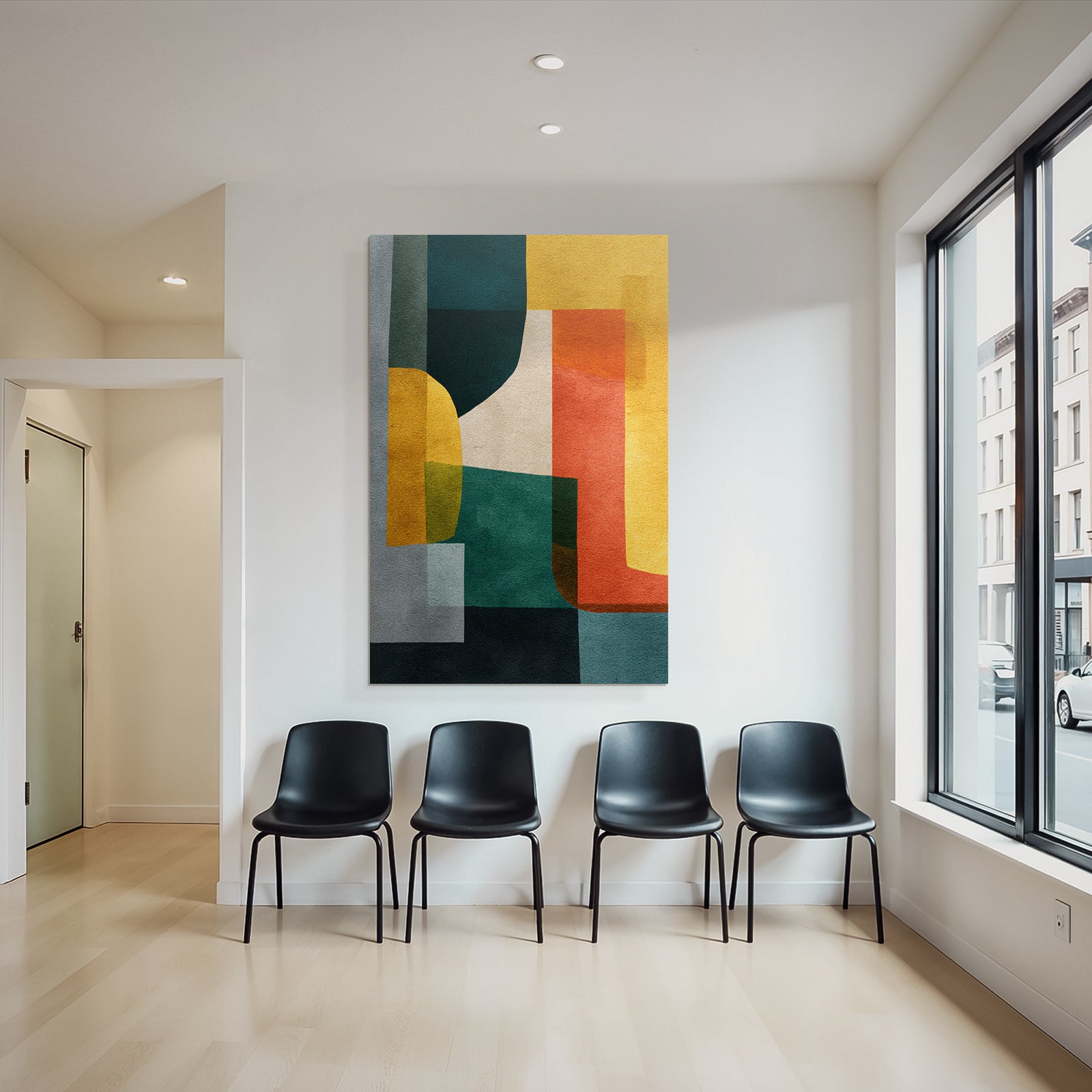 Abstrakte Kunst Verschiedene Formen Farben Gruen Gelb Orange Grau