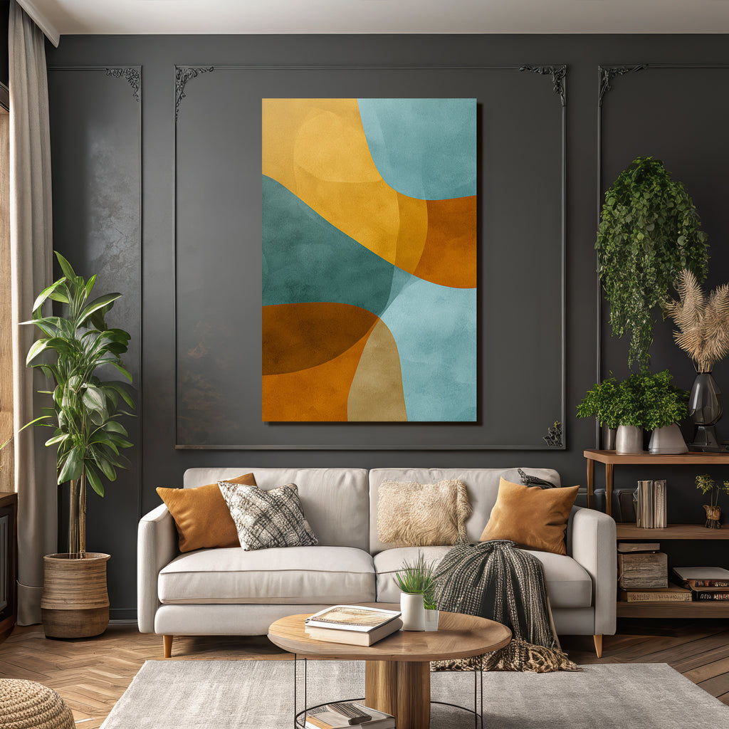 Abstract Design Flowing Shapes Teal Orange Tan