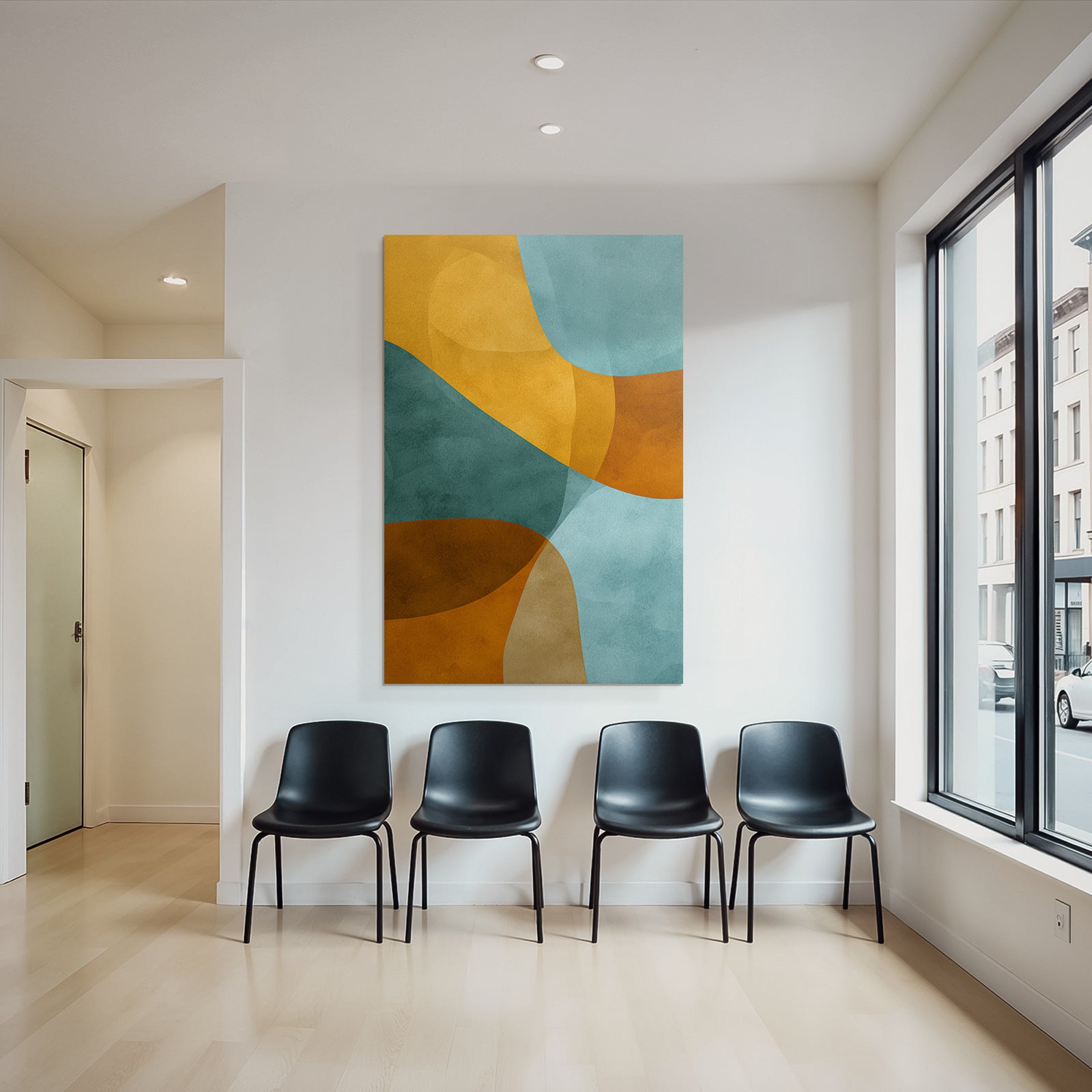 Abstract Design Flowing Shapes Teal Orange Tan