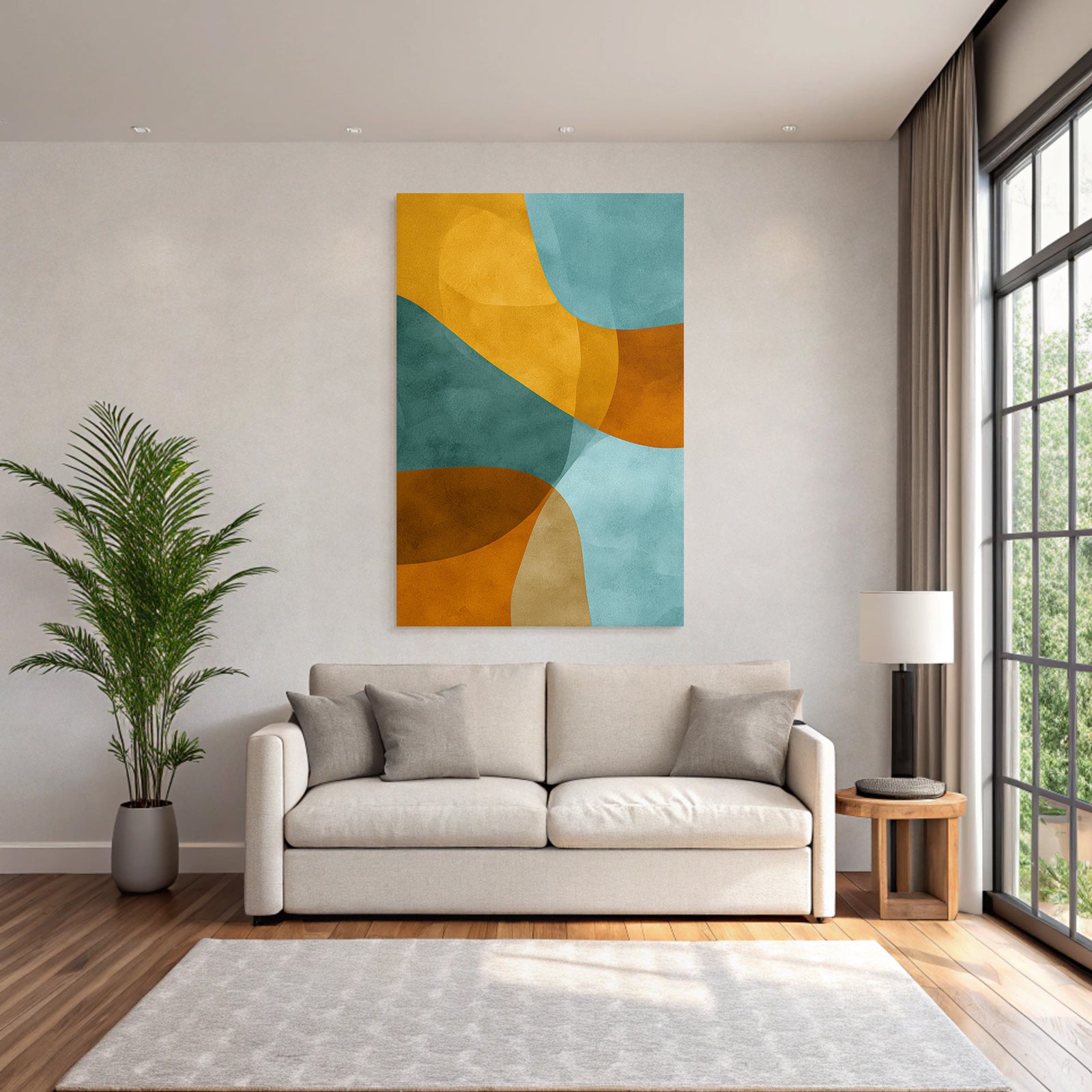 Abstract Design Flowing Shapes Teal Orange Tan
