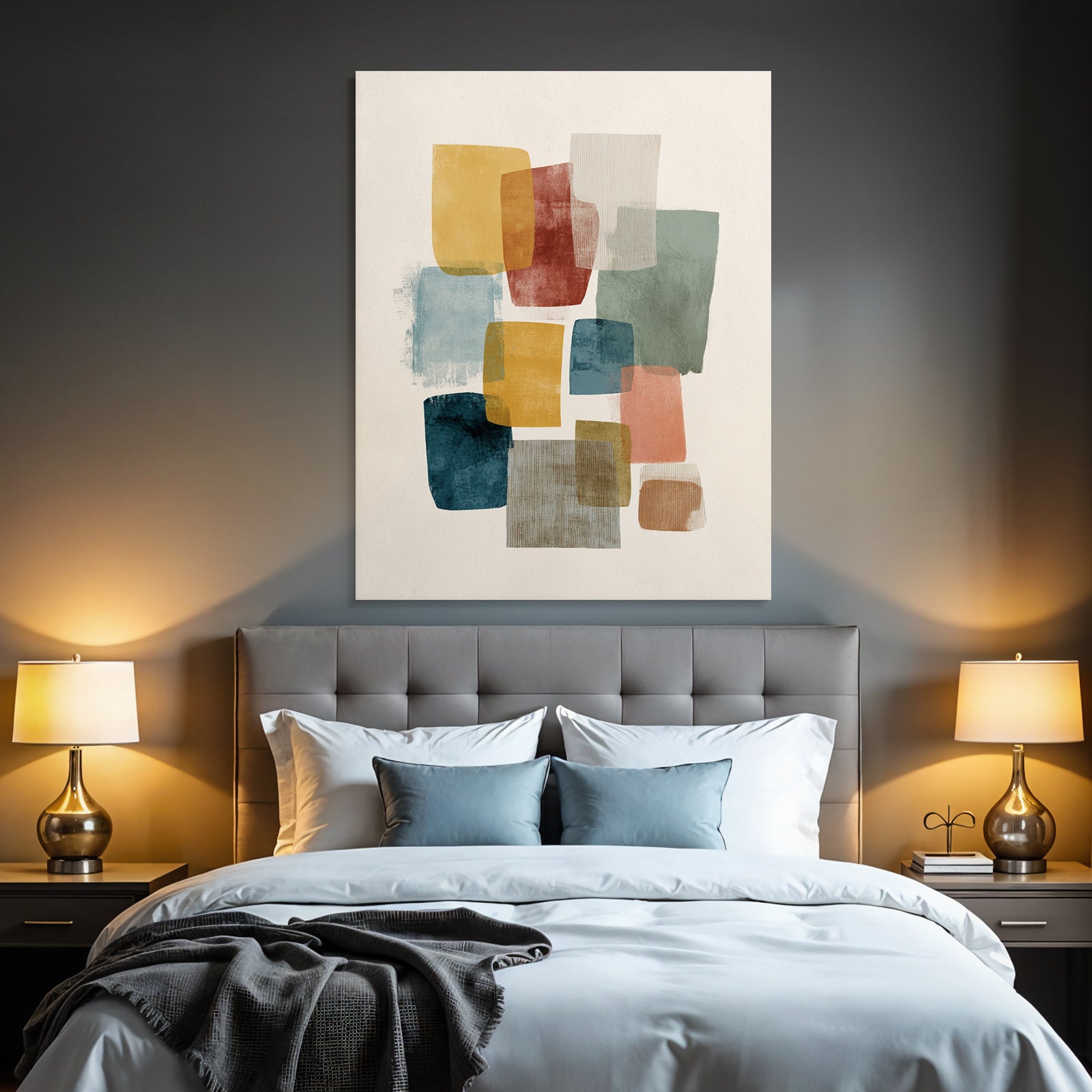Abstract design in soft colors yellow red blue green beige