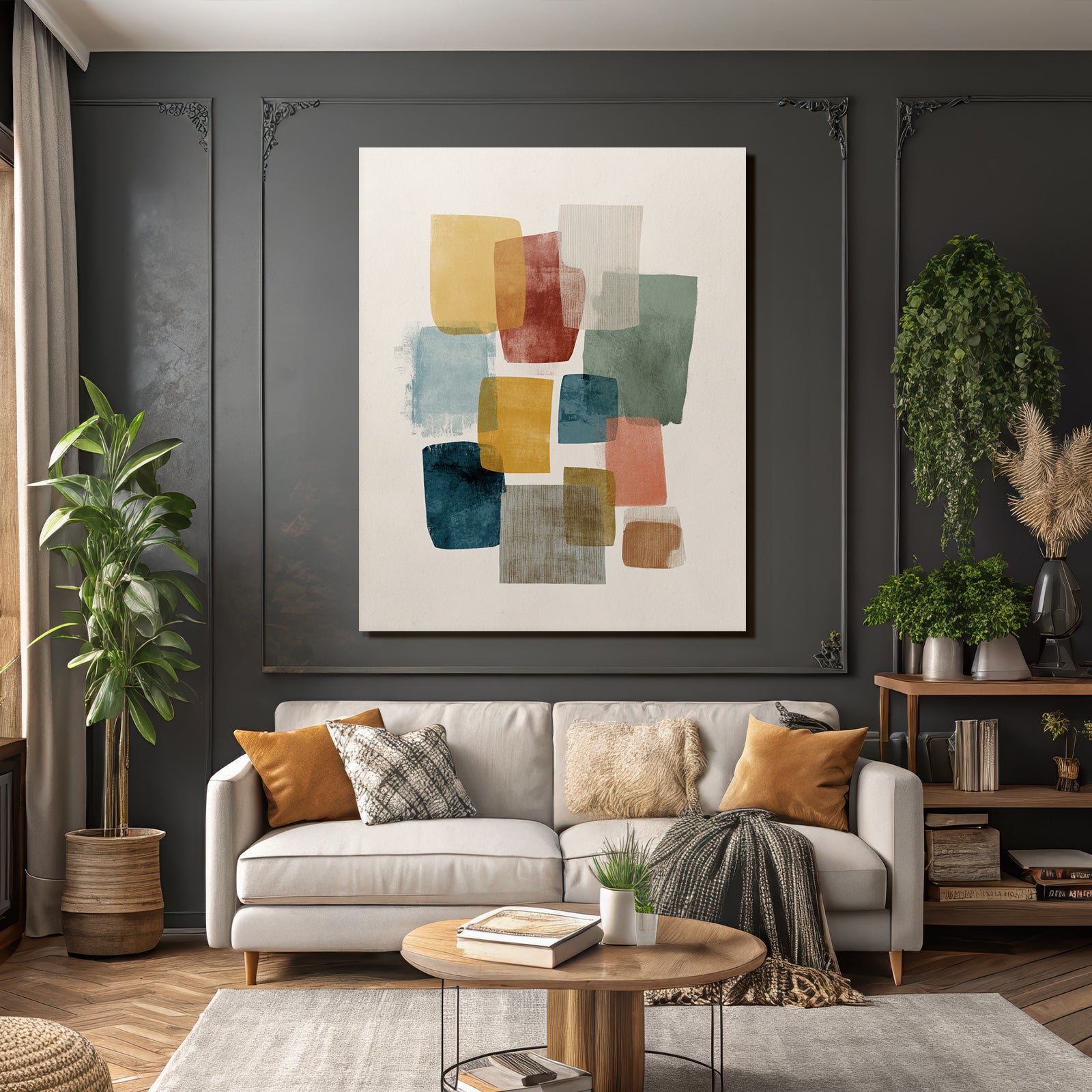 Abstract design in soft colors yellow red blue green beige
