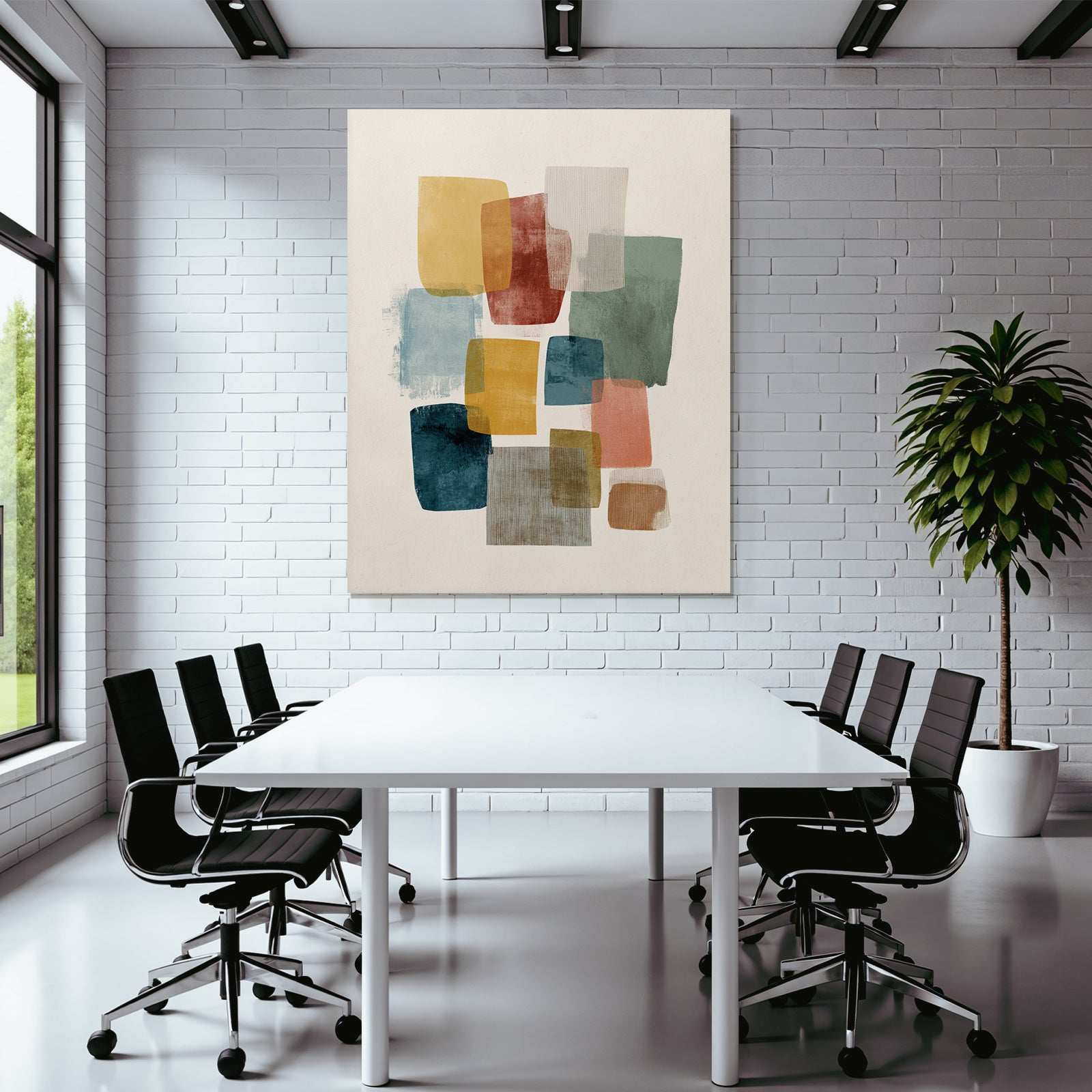 Abstract design in soft colors yellow red blue green beige