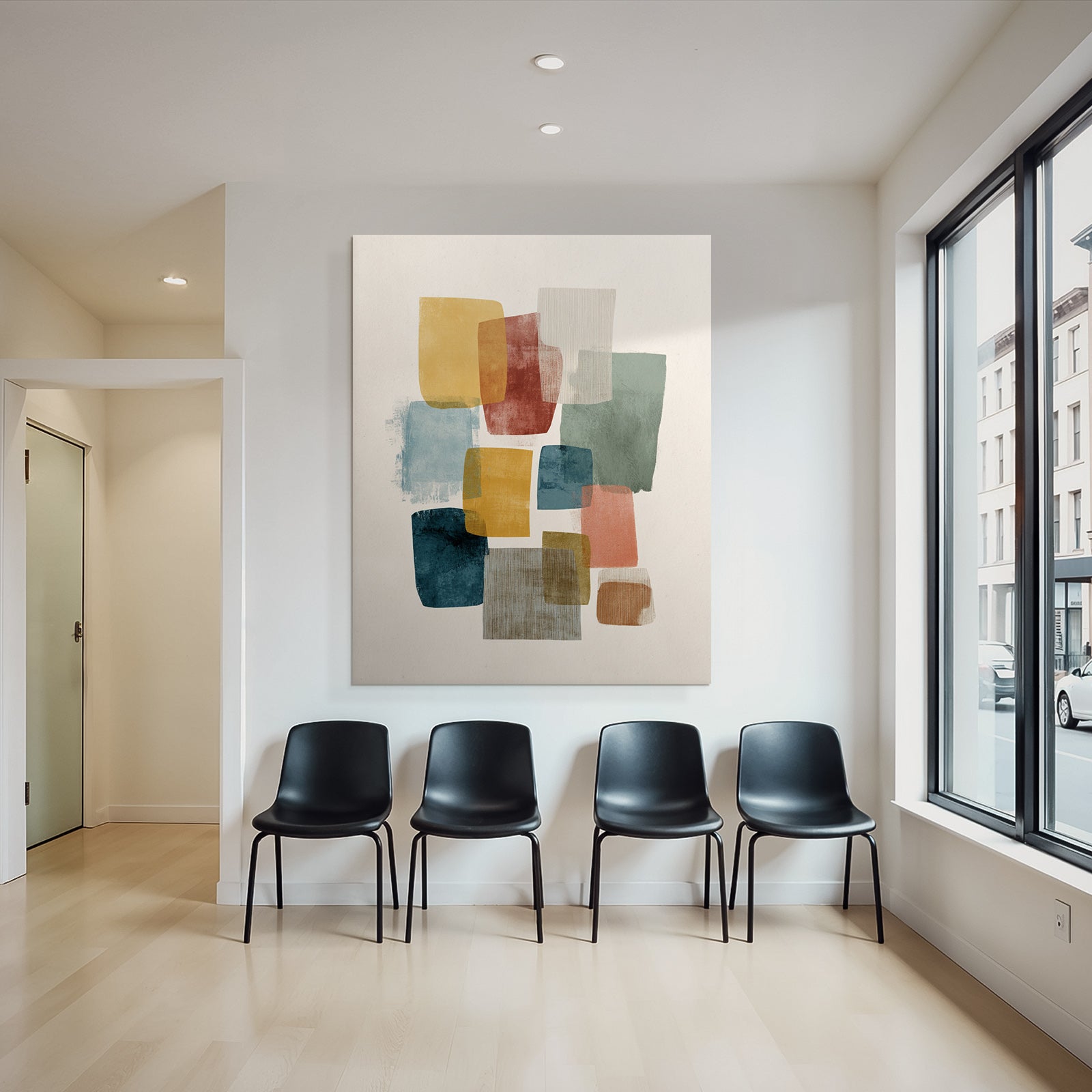 Abstract design in soft colors yellow red blue green beige