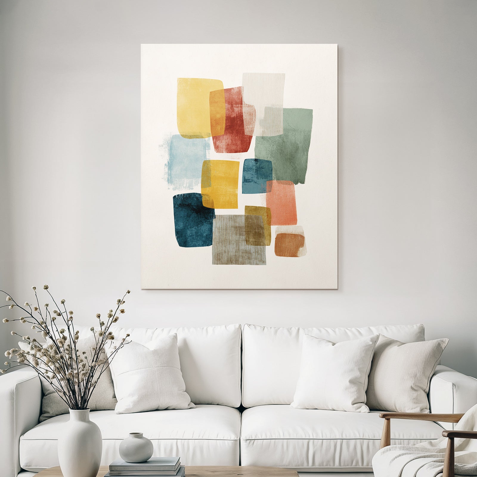 Abstract design in soft colors yellow red blue green beige
