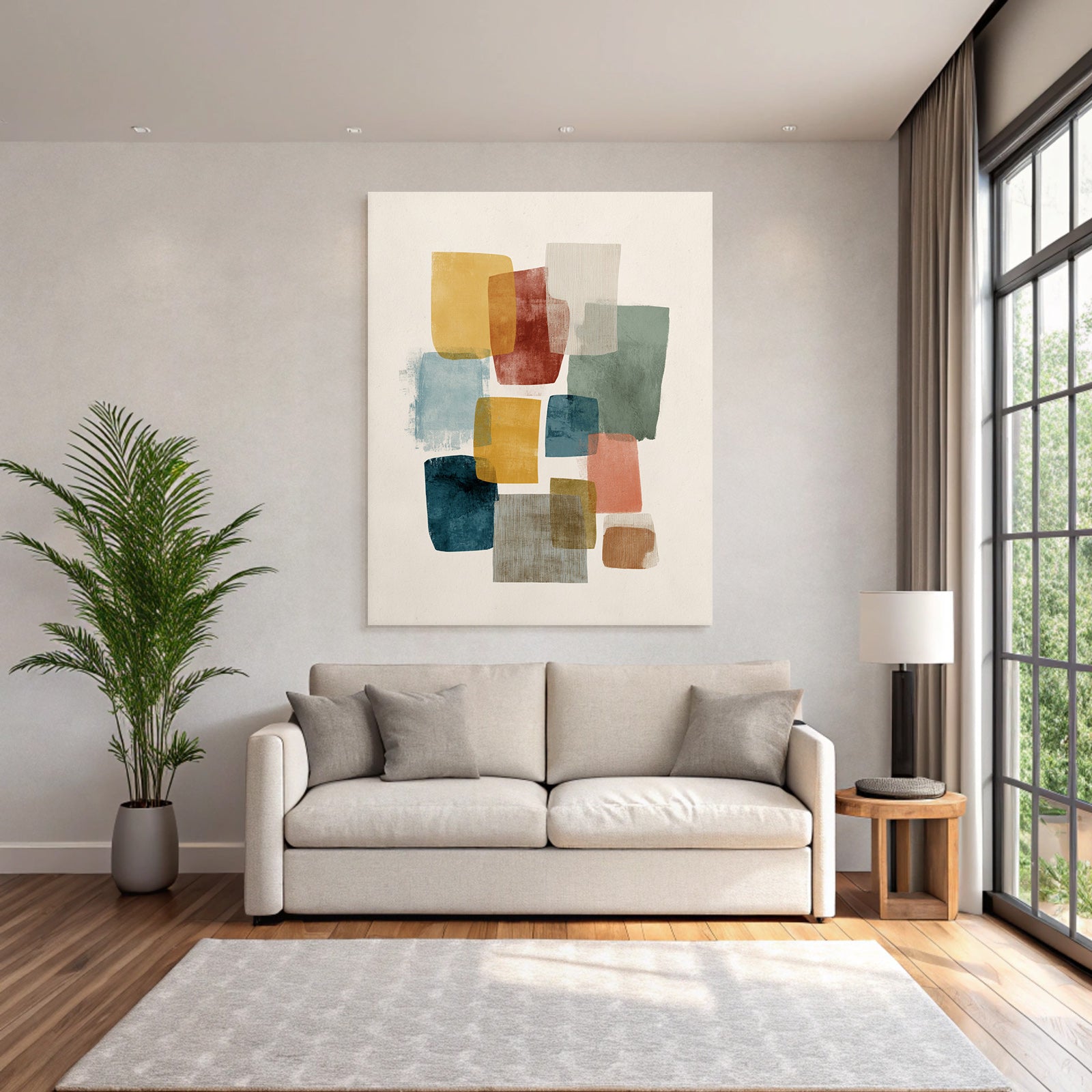 Abstract design in soft colors yellow red blue green beige