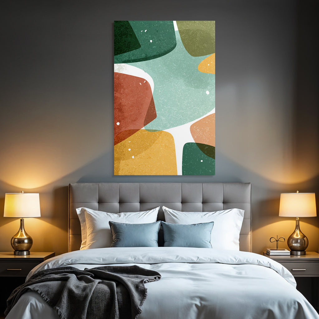 Abstract design with shapes and colors green orange yellow brown textured