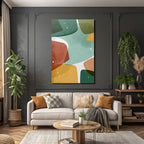 Abstract design with shapes and colors green orange yellow brown textured