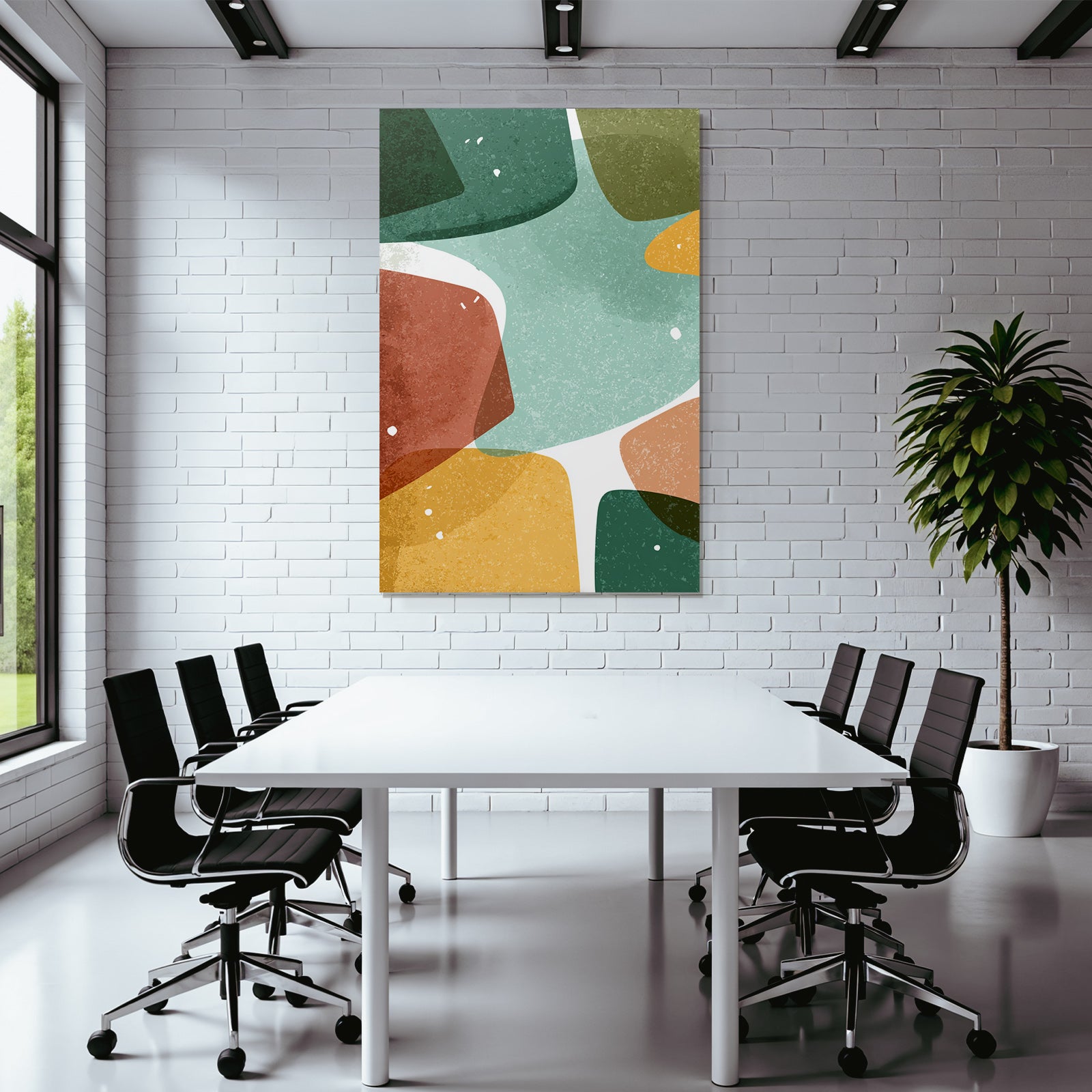 Abstract design with shapes and colors green orange yellow brown textured