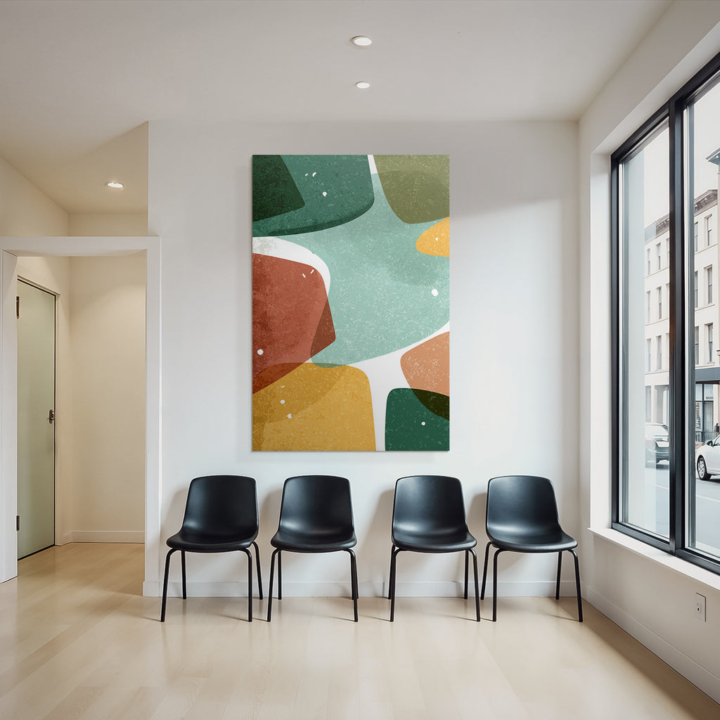 Abstract design with shapes and colors green orange yellow brown textured