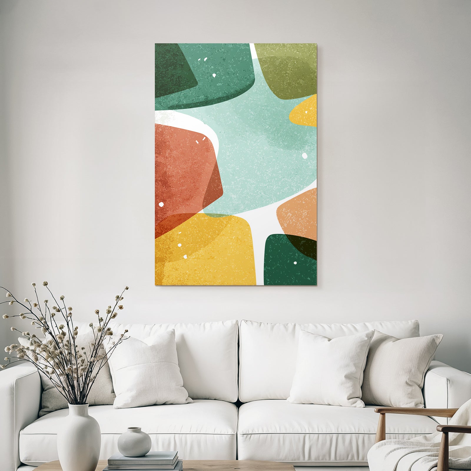 Abstract design with shapes and colors green orange yellow brown textured