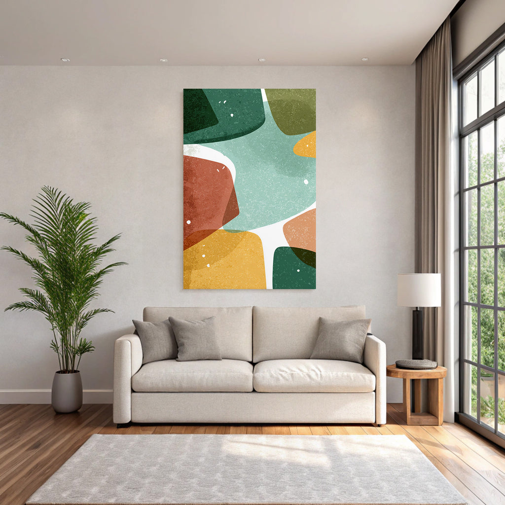 Abstract design with shapes and colors green orange yellow brown textured