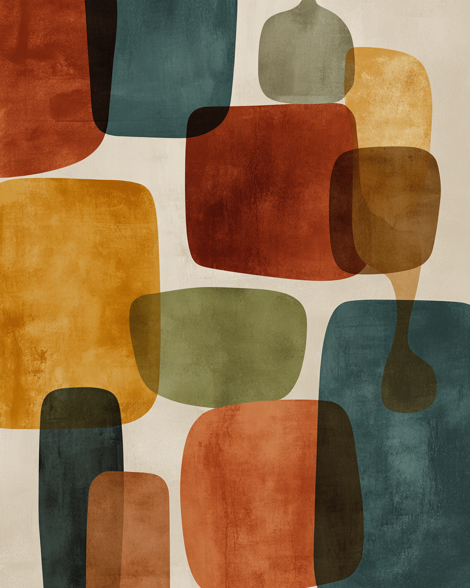 Abstraktes Design Mit Uberlappenden Formen In Orange Grun Blau Hellhintergrund | Mid Century Modern | Einrichtungsstile