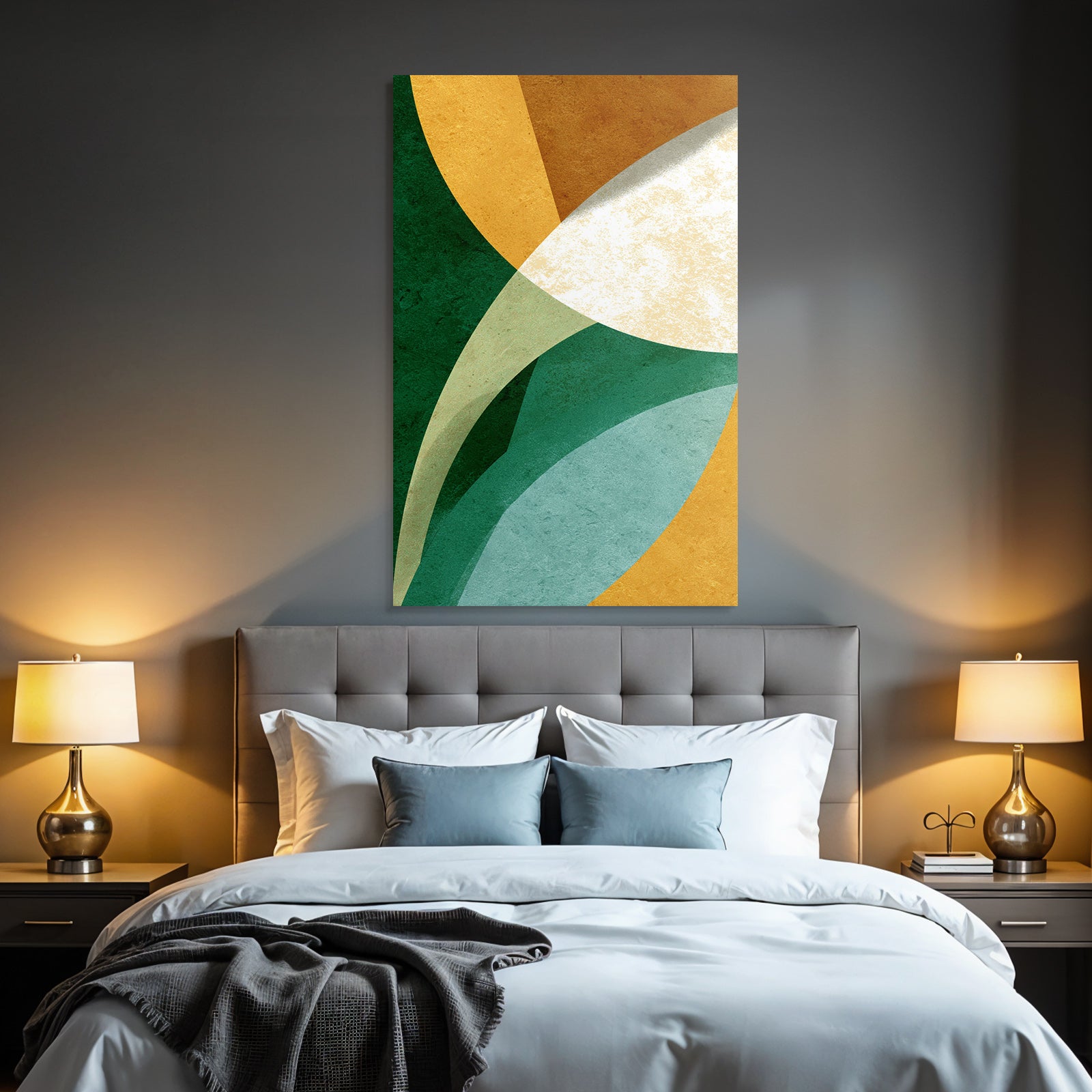 Abstract Design Overlapping Shapes Colors Green Gold Cream