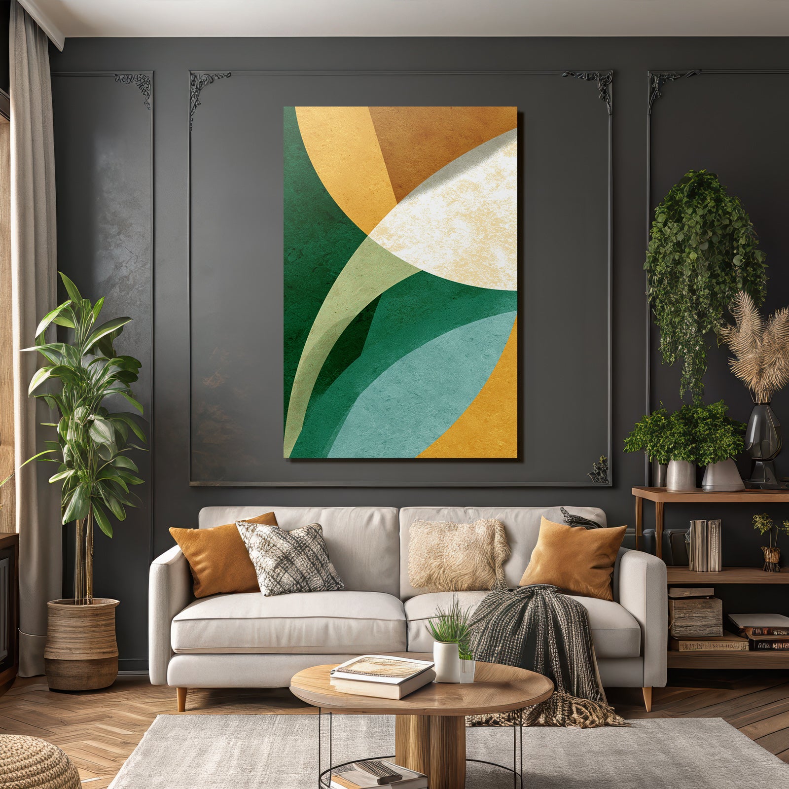 Abstract Design Overlapping Shapes Colors Green Gold Cream