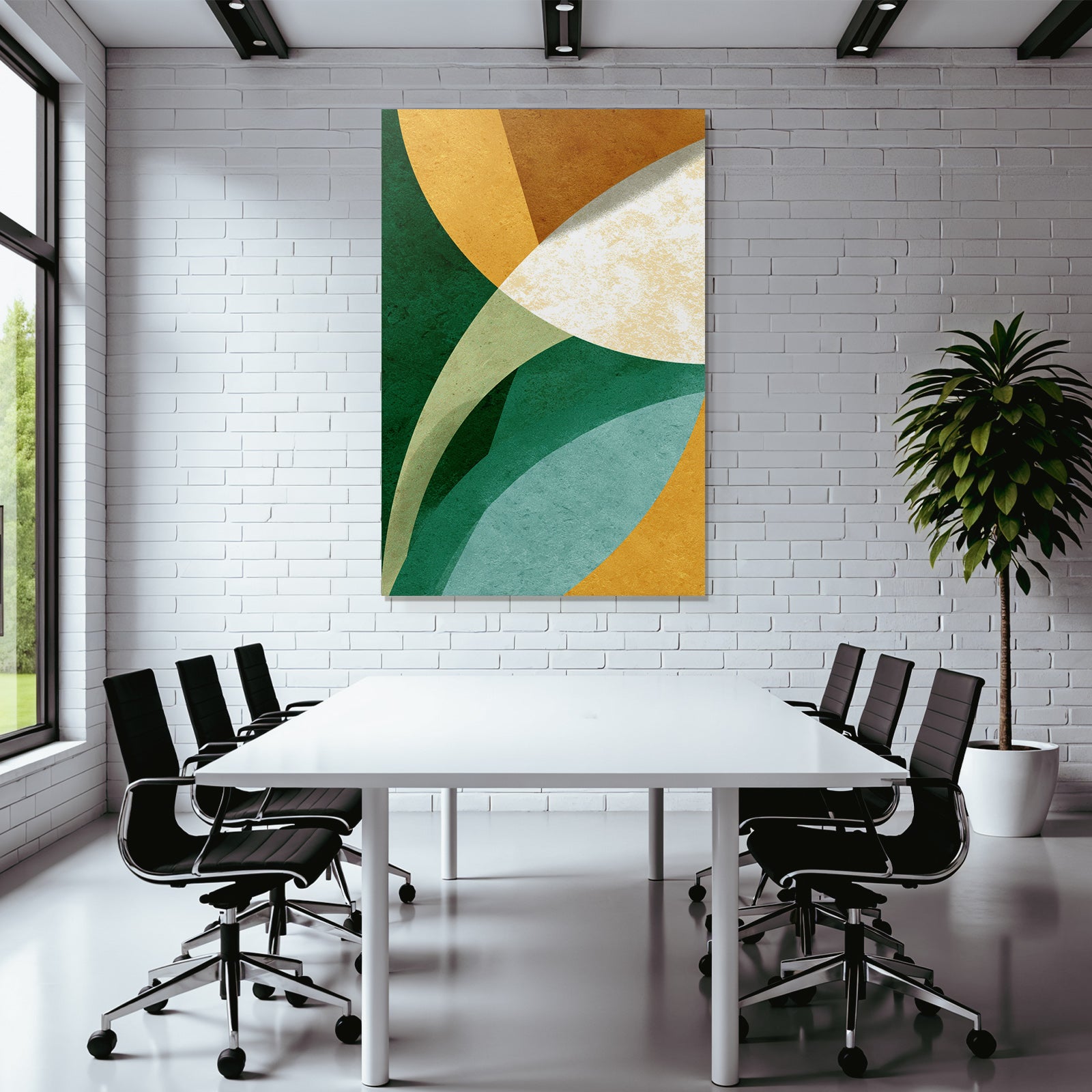 Abstract Design Overlapping Shapes Colors Green Gold Cream