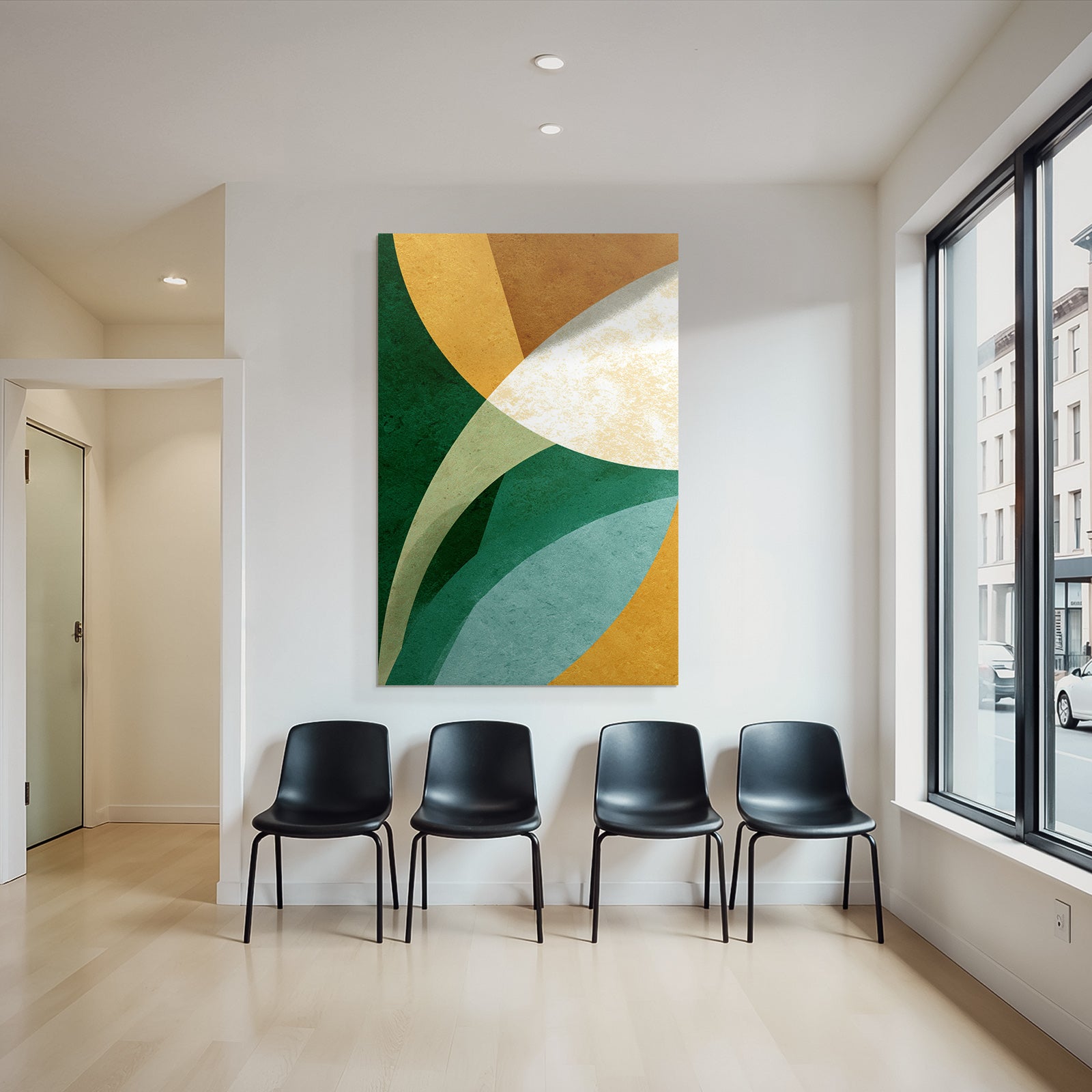 Abstract Design Overlapping Shapes Colors Green Gold Cream